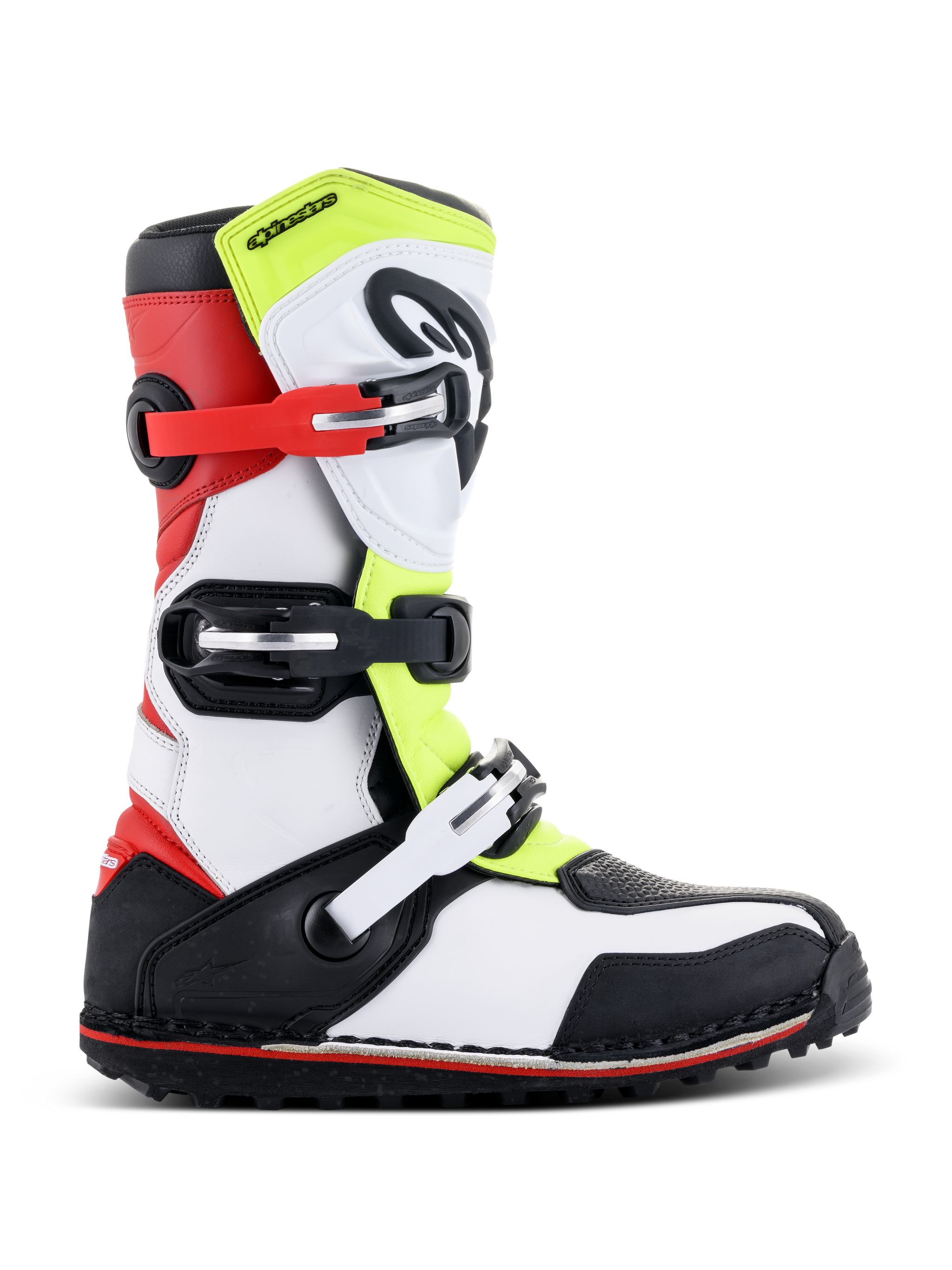 Alpinestars Tech-T Stiefel, Trial-Motorradstiefel, Weiß, Rot, Gelb fluoreszierend und Schwarz, mit schützender Schienbeinplatte, verstellbaren Schnallen in Rot und Schwarz und einer speziellen Sohle für den Trial-Sport, Seitenansicht