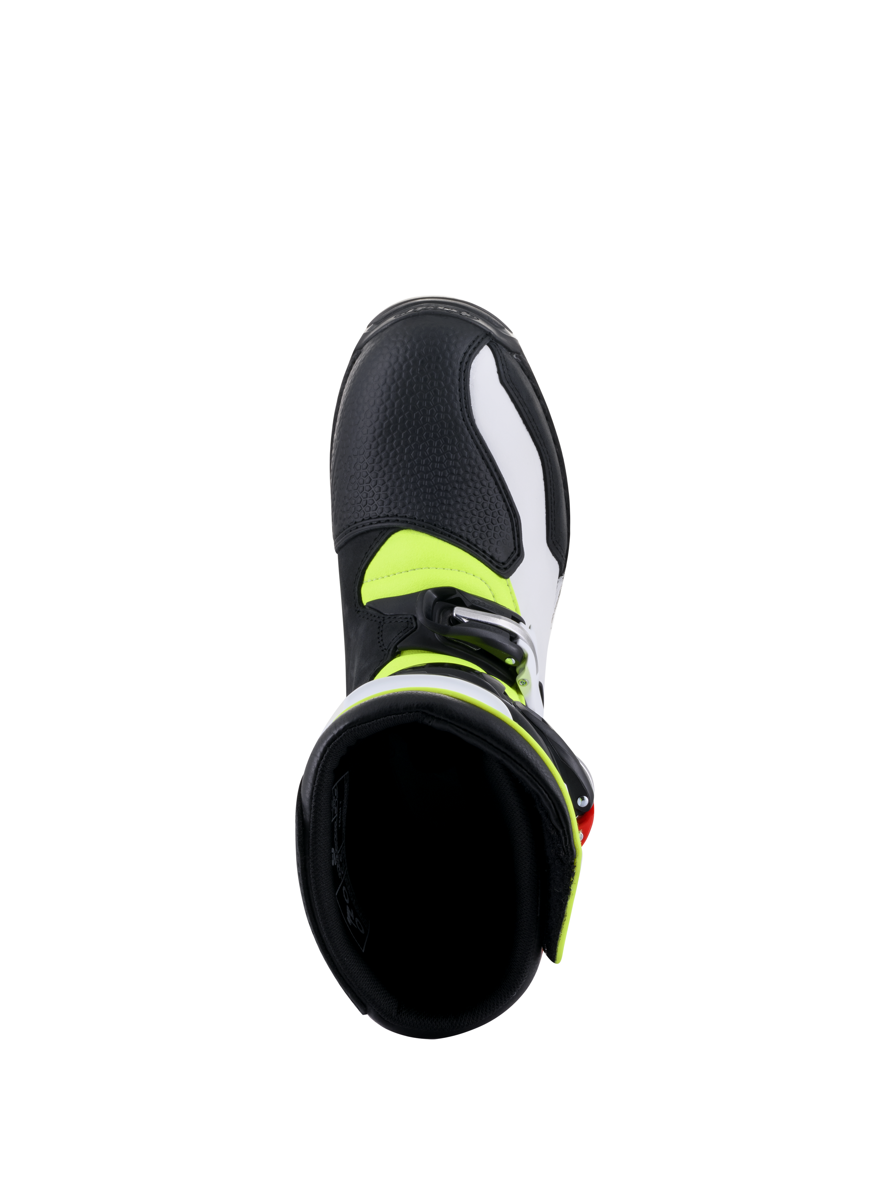 Alpinestars Tech-T Stiefel, Trial-Motorradstiefel, Weiß, Rot, Neongelb und Schwarz, Draufsicht mit Blick in das Stiefelinnere, zeigt das gepolsterte schwarze Innenfutter, neongelbe Akzente und silbernen Schnallenverschluss