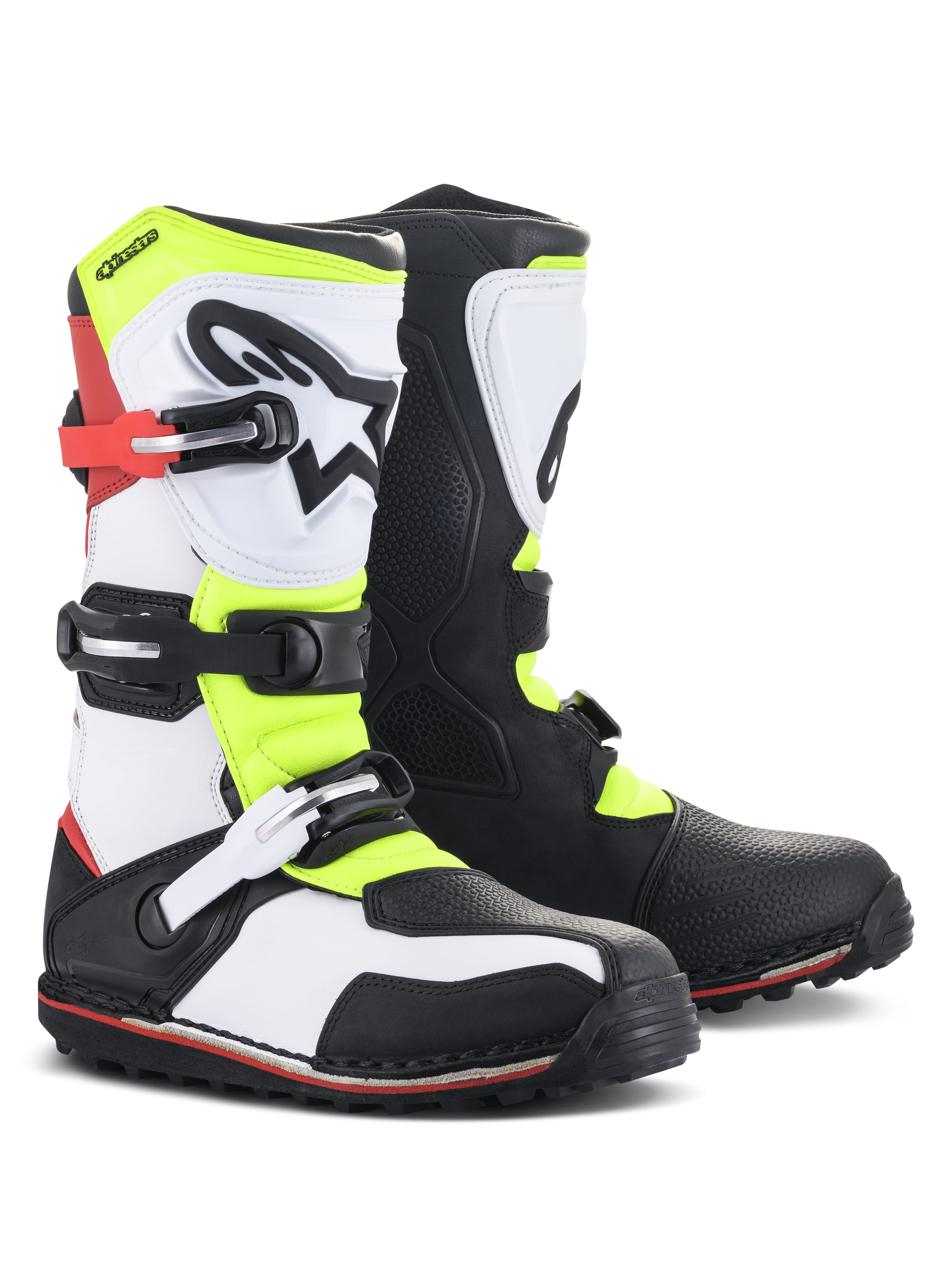 Alpinestars Tech-T Boots, Trials-Motorradstiefel, Weiß, Rot, Fluorgelb und Schwarz, mit ergonomischem Schienbeinschutz mit Stern-Logo, sicheren Schnallenverschlüssen und spezialisierter Sohle für technisches Offroad-Fahren