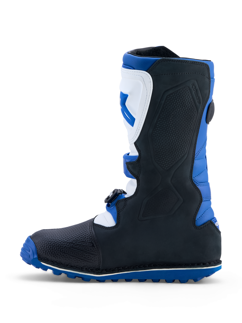 Alpinestars Tech-T Stiefel, Trial-Motorradstiefel für Herren, Blau, Schwarz und Weiß, mit TPU-Schienbeinplatte und griffiger Gummisohle.