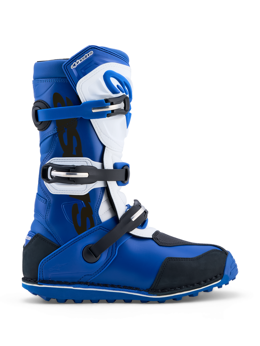Alpinestars Tech-T Trial-Stiefel, blau-weiße Motorradstiefel aus Leder mit Drei-Schnallen-System und griffiger Gummisohle.