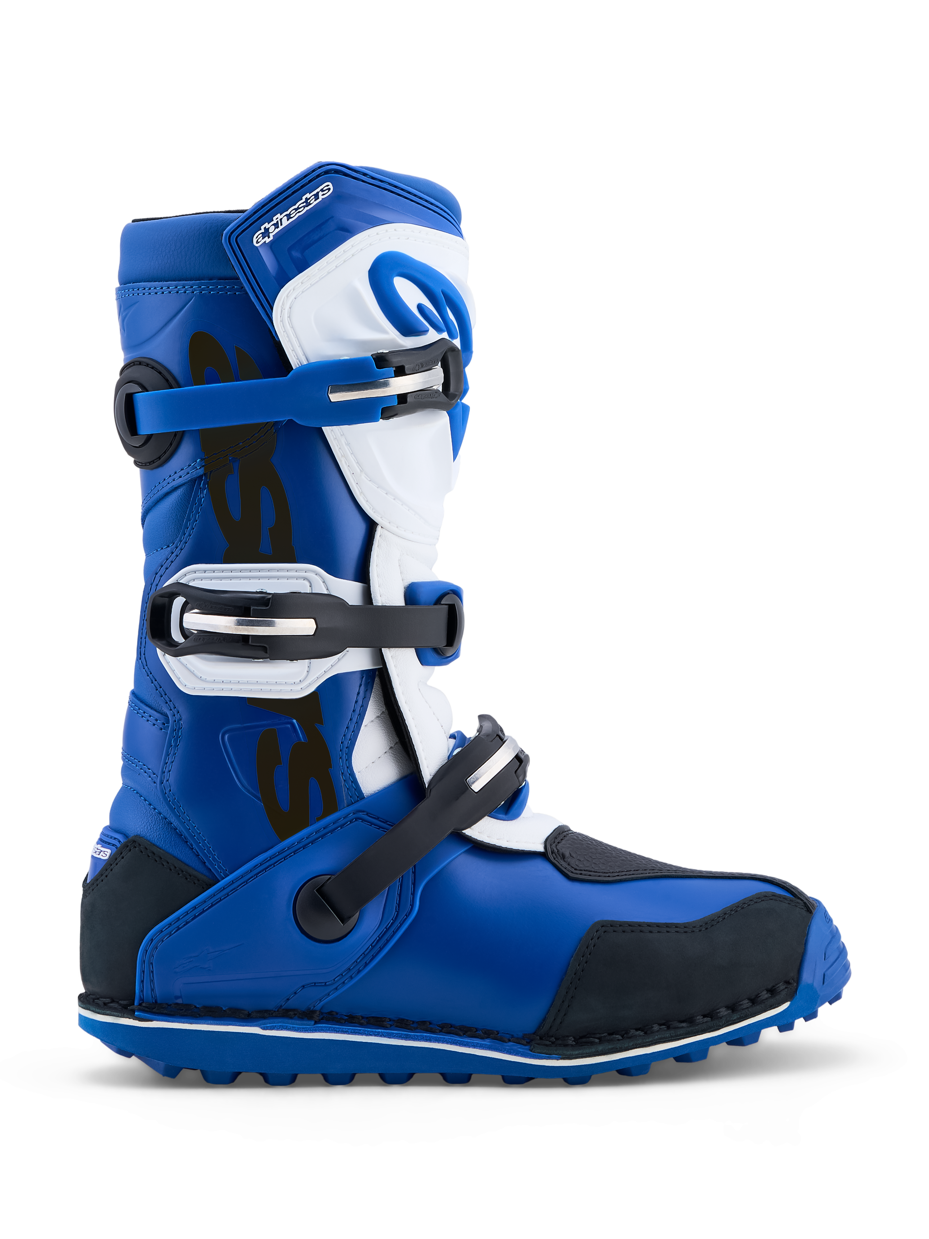 Alpinestars Tech-T Trial-Stiefel, blau-weiße Motorradstiefel aus Leder mit Drei-Schnallen-System und griffiger Gummisohle.