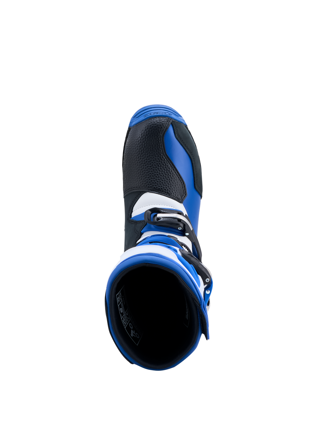 Alpinestars Tech-T Stiefel, Trial-Motorradstiefel in Blau und Schwarz, Draufsicht auf Einstiegsöffnung und Lederkonstruktion.