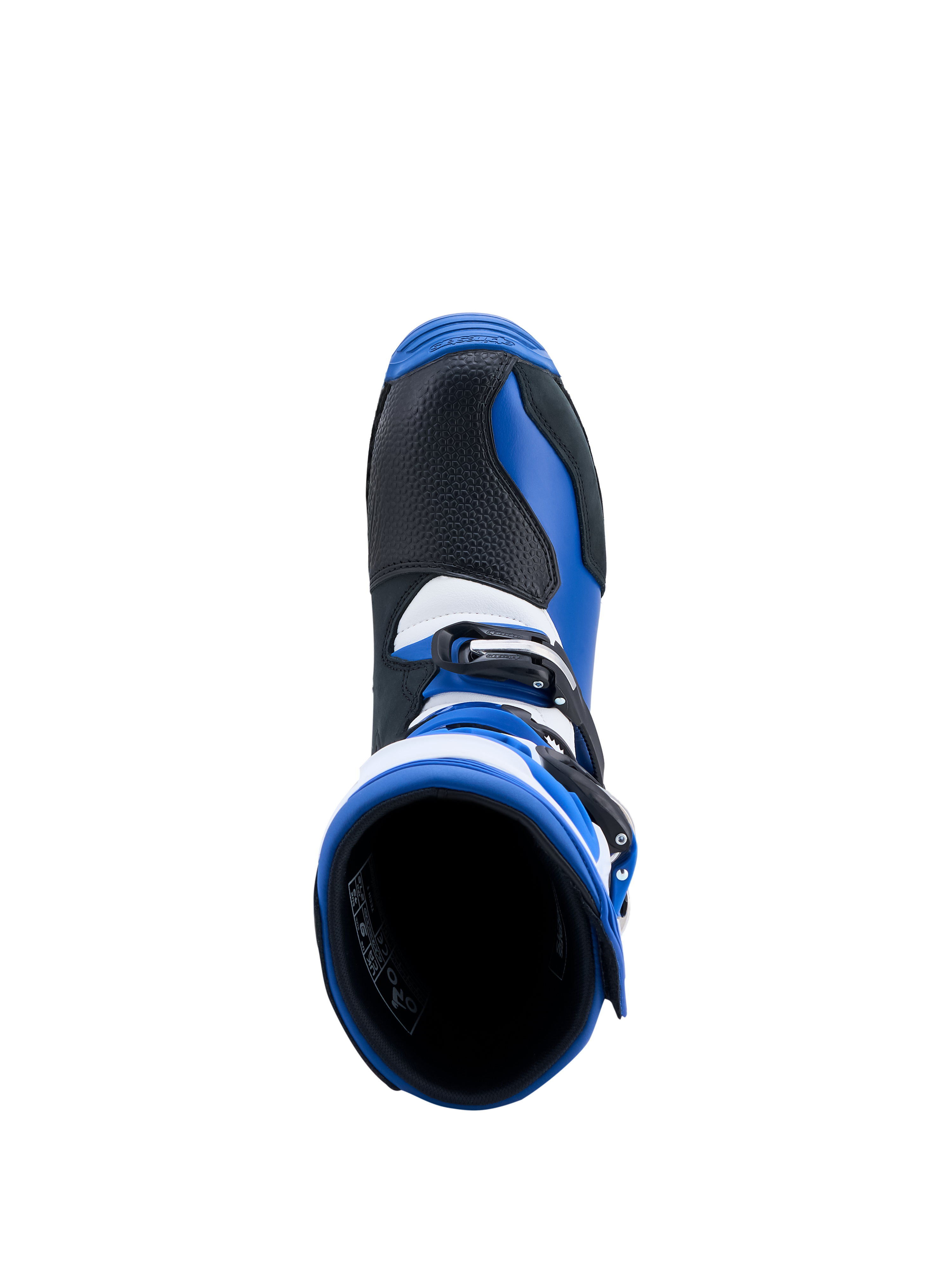 Alpinestars Tech-T Stiefel, Trial-Motorradstiefel in Blau und Schwarz, Draufsicht auf Einstiegsöffnung und Lederkonstruktion.