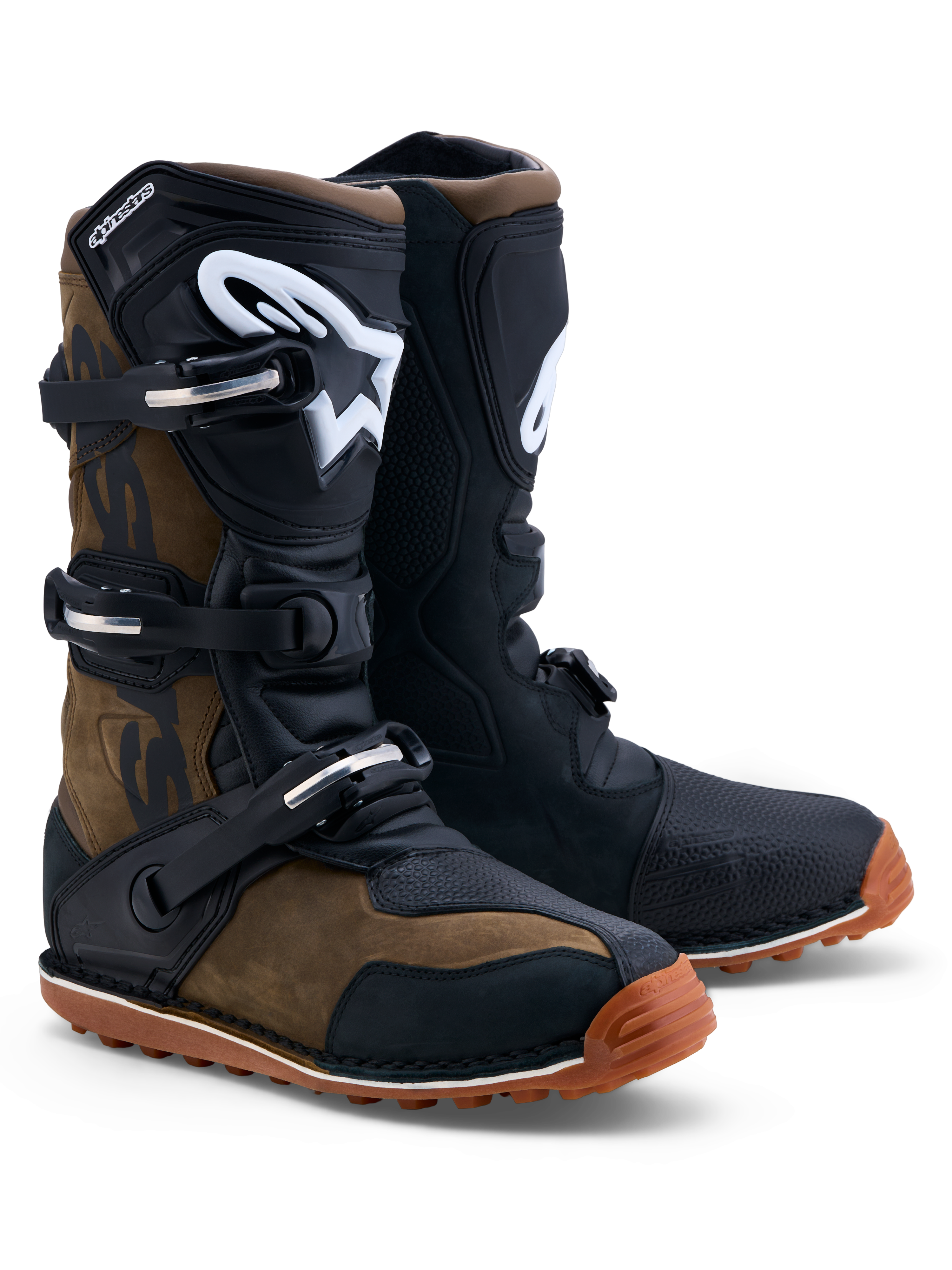 Alpinestars Tech-T Stiefel, Trial-Motorradstiefel in Braun und Schwarz, aus Leder mit ergonomischer TPU-Schienbeinplatte und griffiger Gummisohle, CE-zertifiziert.