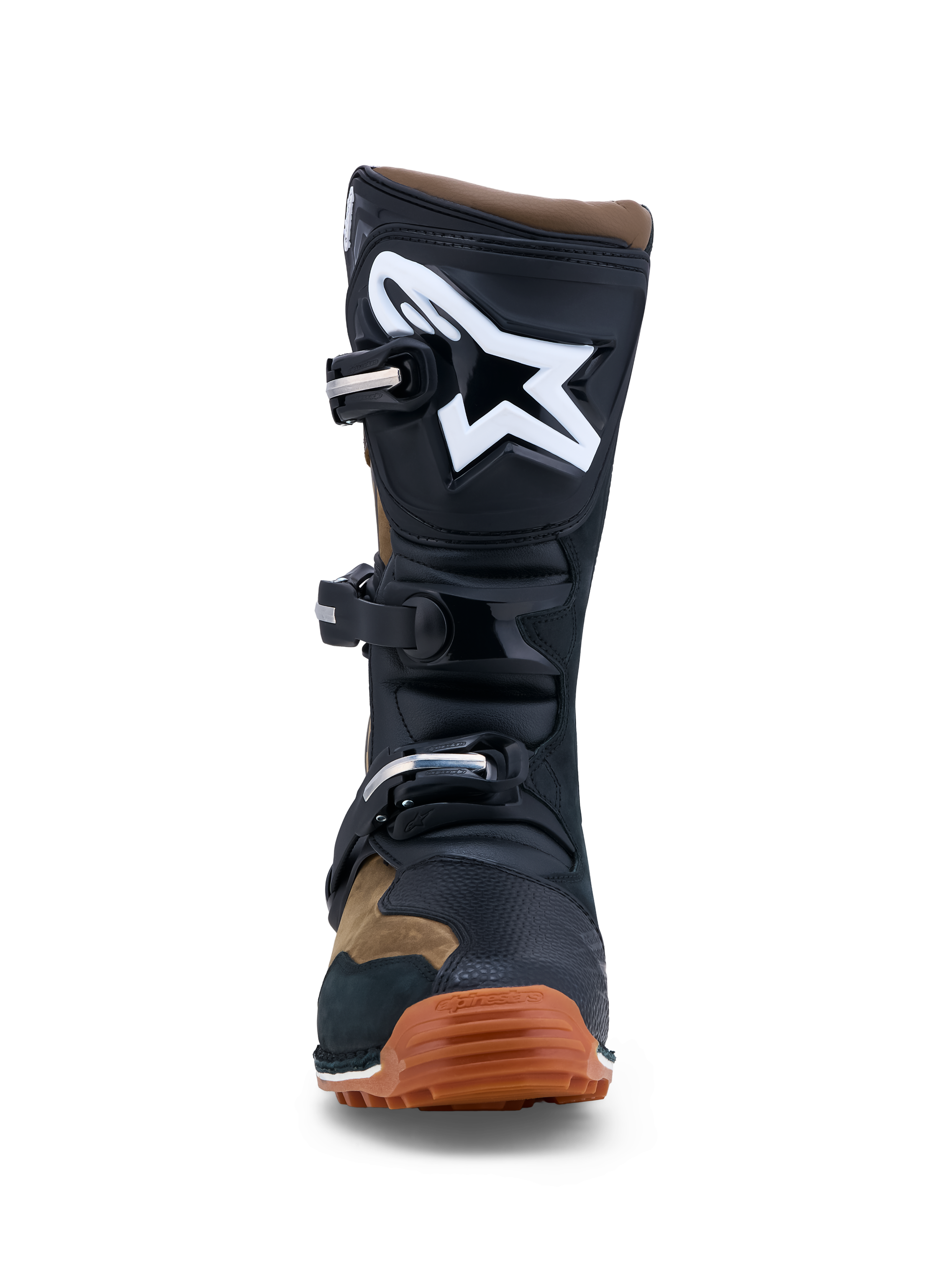 Alpinestars Tech-T Stiefel, Trial-Motorradstiefel für Herren, Schwarz und Braun, Leder mit TPU-Schienbeinplatte, weißem Logo und griffiger Gummisohle.