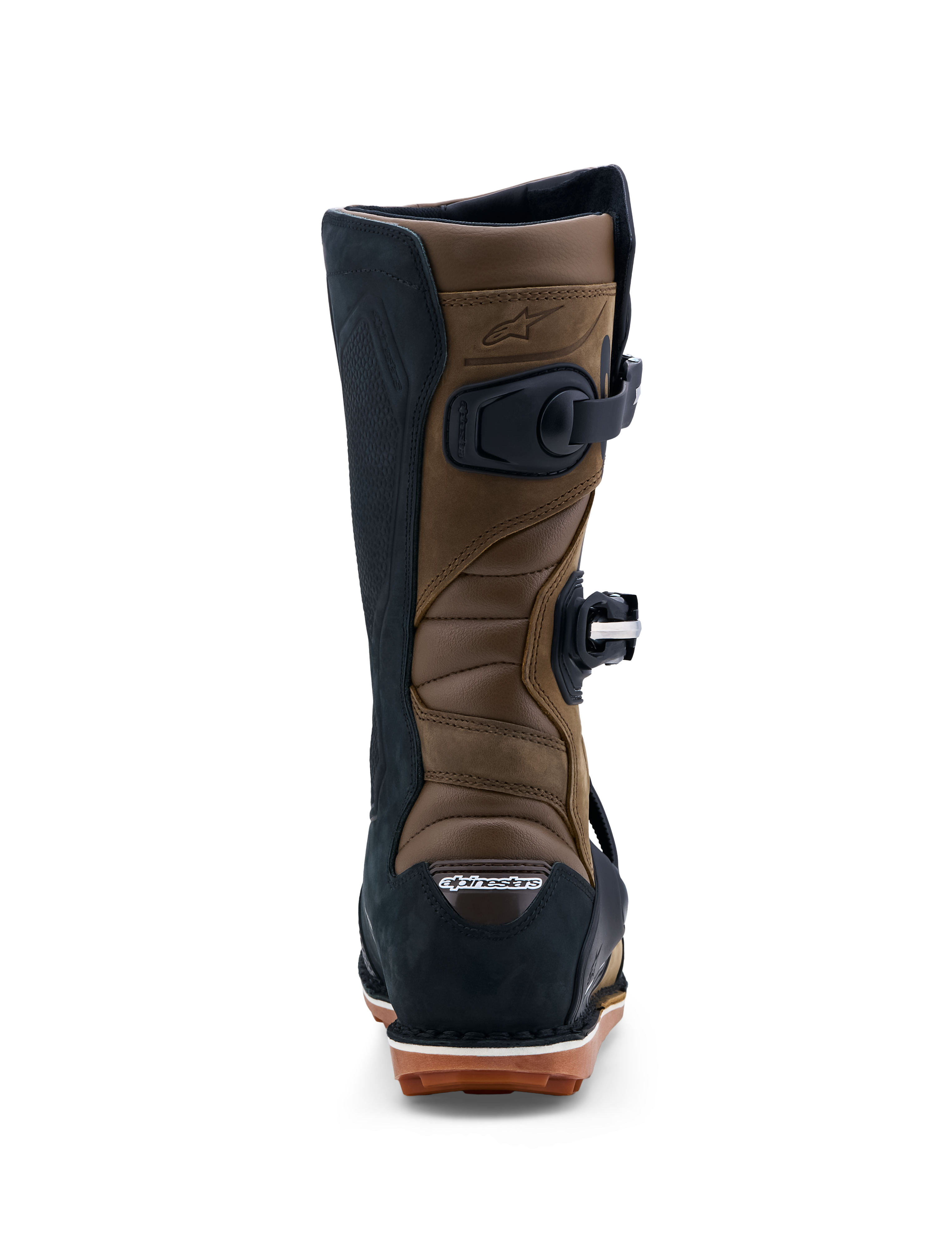 Alpinestars Tech-T Herren-Trial-Motorradstiefel, Braun und Schwarz, Leder mit Akkordeon-Flexzonen und Gummisohle.