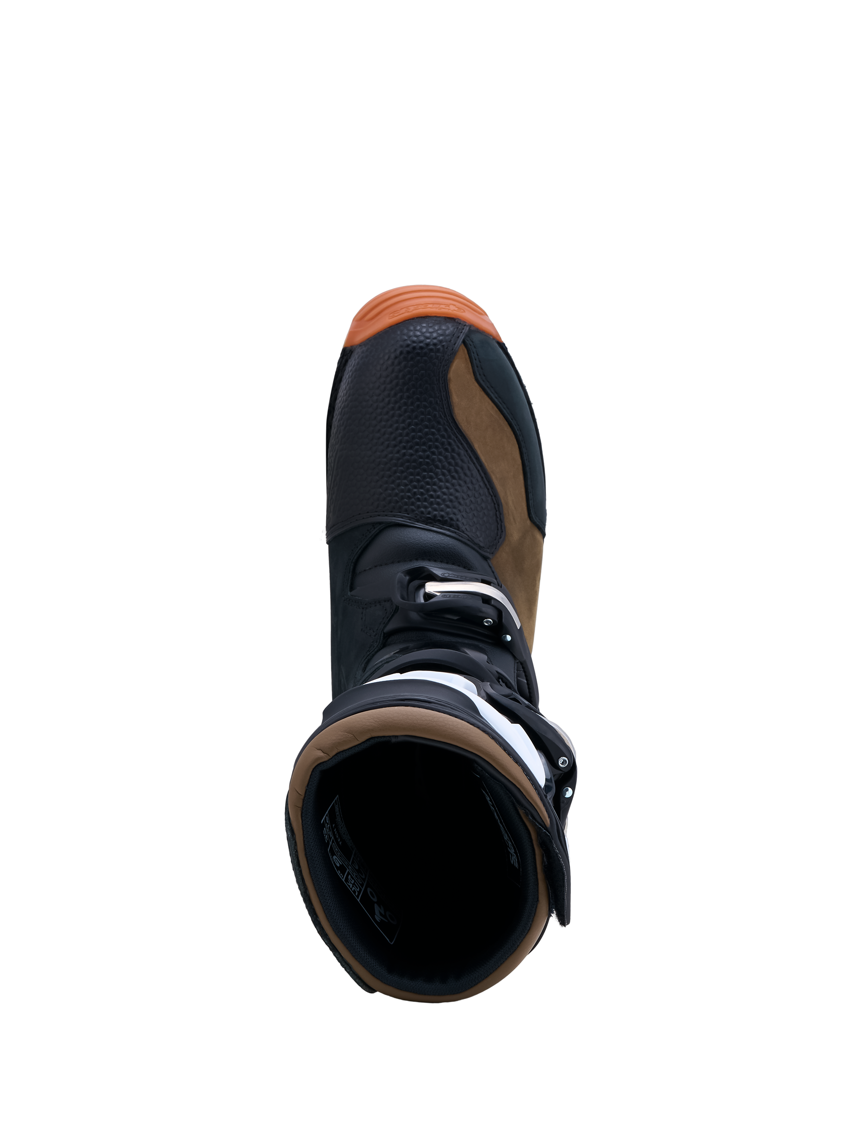 Alpinestars Tech-T Stiefel, Trial-Motorradstiefel für Herren, Schwarz und Braun, Leder, Draufsicht auf die Stiefelöffnung.