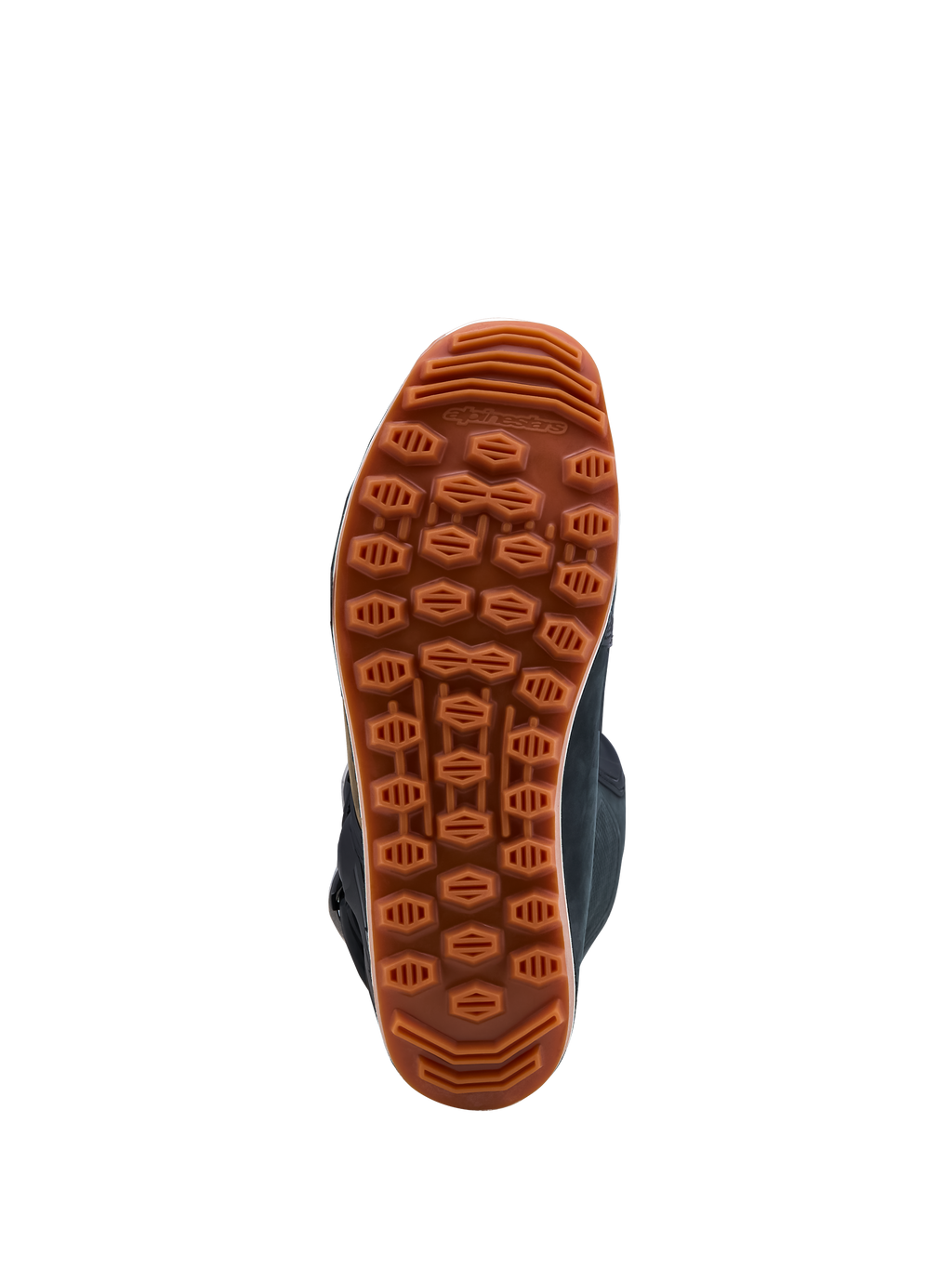 Alpinestars Tech-T Stiefel, braune Gummisohle mit grobem Geländeprofil für Trial-Fahrten, maximaler Grip.