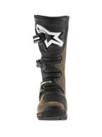 Alpinestars Tech-T Boots, Trials Motorcycle Boots, Brown Oiled and Black, front view showing ergonomic shinplate with large white logo, three-buckle closure system, and specialized sole for technical off-road riding