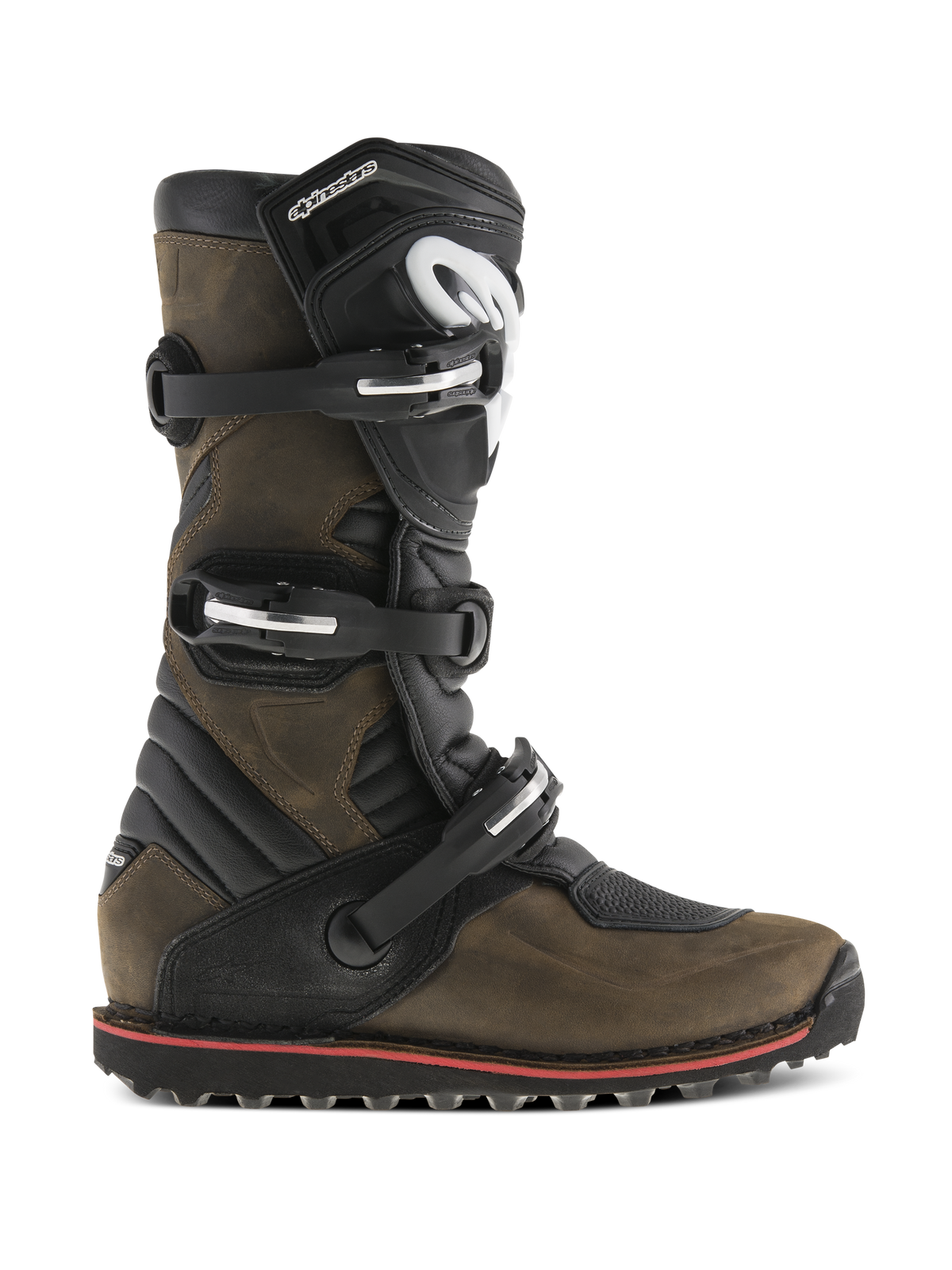 Alpinestars Tech-T Boots, Motorcycle Trials Boots, Brown Oiled and Black, side profile view featuring a triple-buckle closure system, ergonomic shin plate with white logo, rugged textured sole with a red accent stripe, designed for off-road trials riding