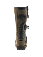 Alpinestars Tech-T Boots, Brown Oiled, Rear view featuring black accordion flex zones, side buckles, and Alpinestars branding on the heel, professional trials motorcycle boots with a rugged leather finish.