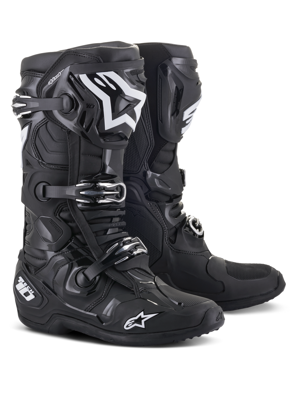 Alpinestars Tech 10 Stiefel, Motocross-Stiefel, Schwarz mit weißen Alpinestars-Logos, Dreifach-Schnallen-Verschlusssystem, robuste TPU-Schale mit verstärktem Knöchelschutz, stromlinienförmiges Design für Hochleistungs-Offroad-Rennsport