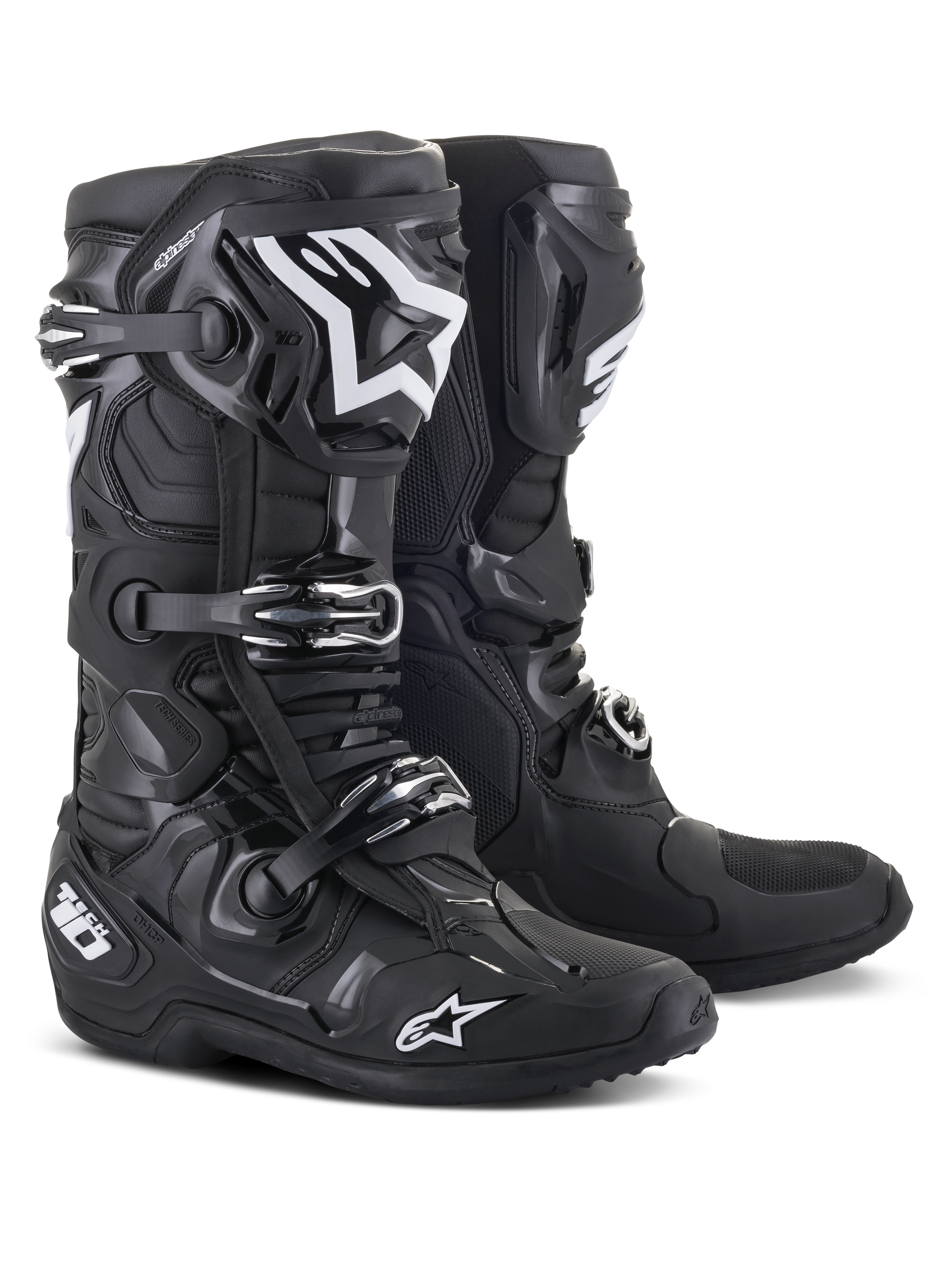 Alpinestars Tech 10 Stiefel, Motocross-Stiefel, Schwarz mit weißen Alpinestars-Logos, Dreifach-Schnallen-Verschlusssystem, robuste TPU-Schale mit verstärktem Knöchelschutz, stromlinienförmiges Design für Hochleistungs-Offroad-Rennsport