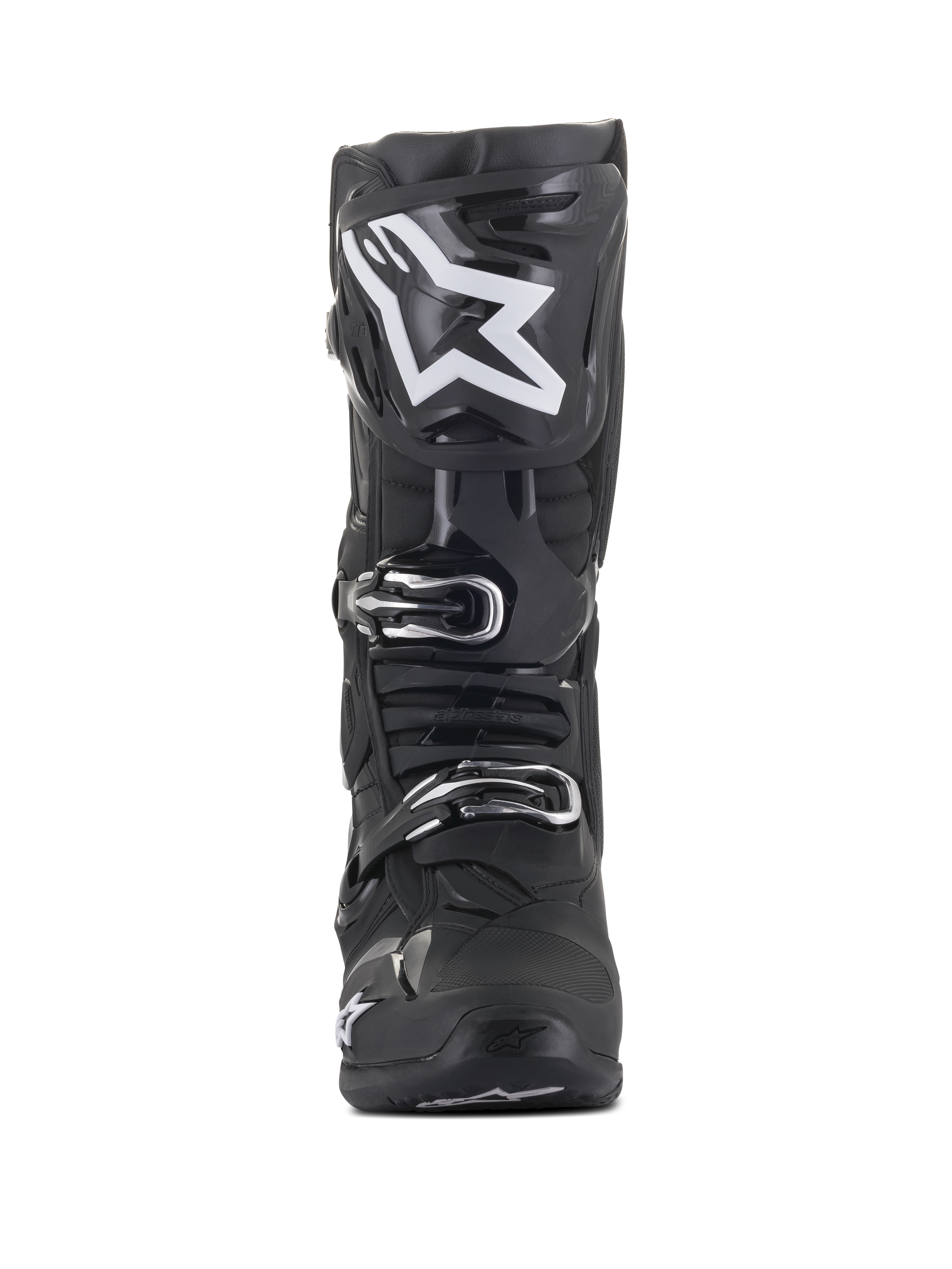 Alpinestars Tech 10 Stiefel, Motocross-Stiefel, Schwarz mit großem weißem Stern-Logo auf dem Schienbein, Vorderansicht, mit silbernen Schnallen und fortschrittlicher TPU-Schalenkonstruktion für Offroad-Schutz.