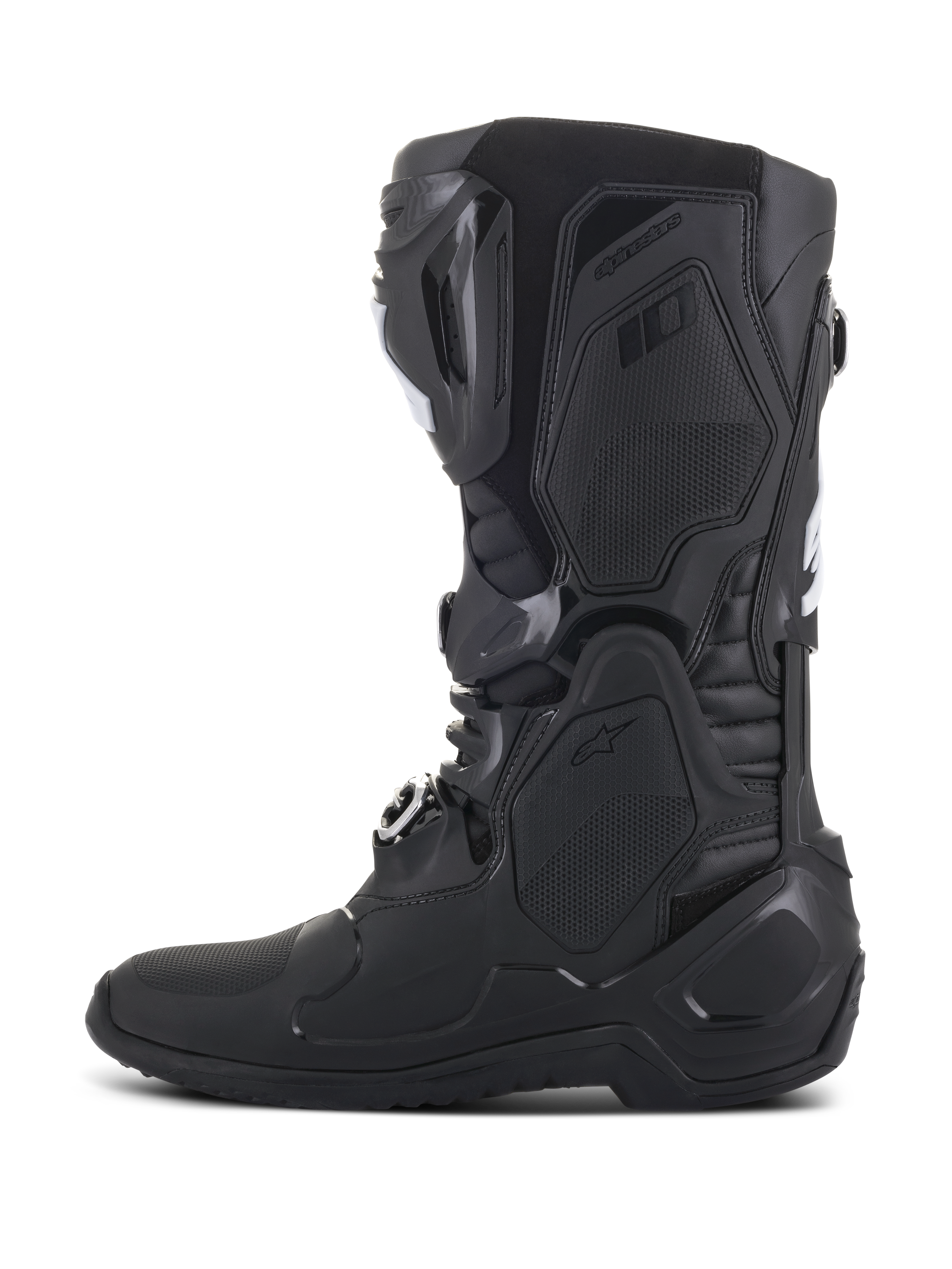 Alpinestars Tech 10 Stiefel, schwarze Motocross-Stiefel, Seitenansicht, mit fortschrittlicher TPU-Schalenkonstruktion, stromlinienförmigem Design mit Schnallenverschlüssen und texturierten Schutzpaneelen für professionelle Offroad-Rennperformance