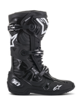 Alpinestars Tech 10 Stiefel, Motocross-Stiefel, Schwarz, Seitenansicht mit weißen Alpinestars Stern-Logos und Tech 10 Branding, Dreifach-Schnallen-Verschlusssystem, robuste TPU-Schale und Mikrofaser-Konstruktion für professionellen Offroad-Rennsport