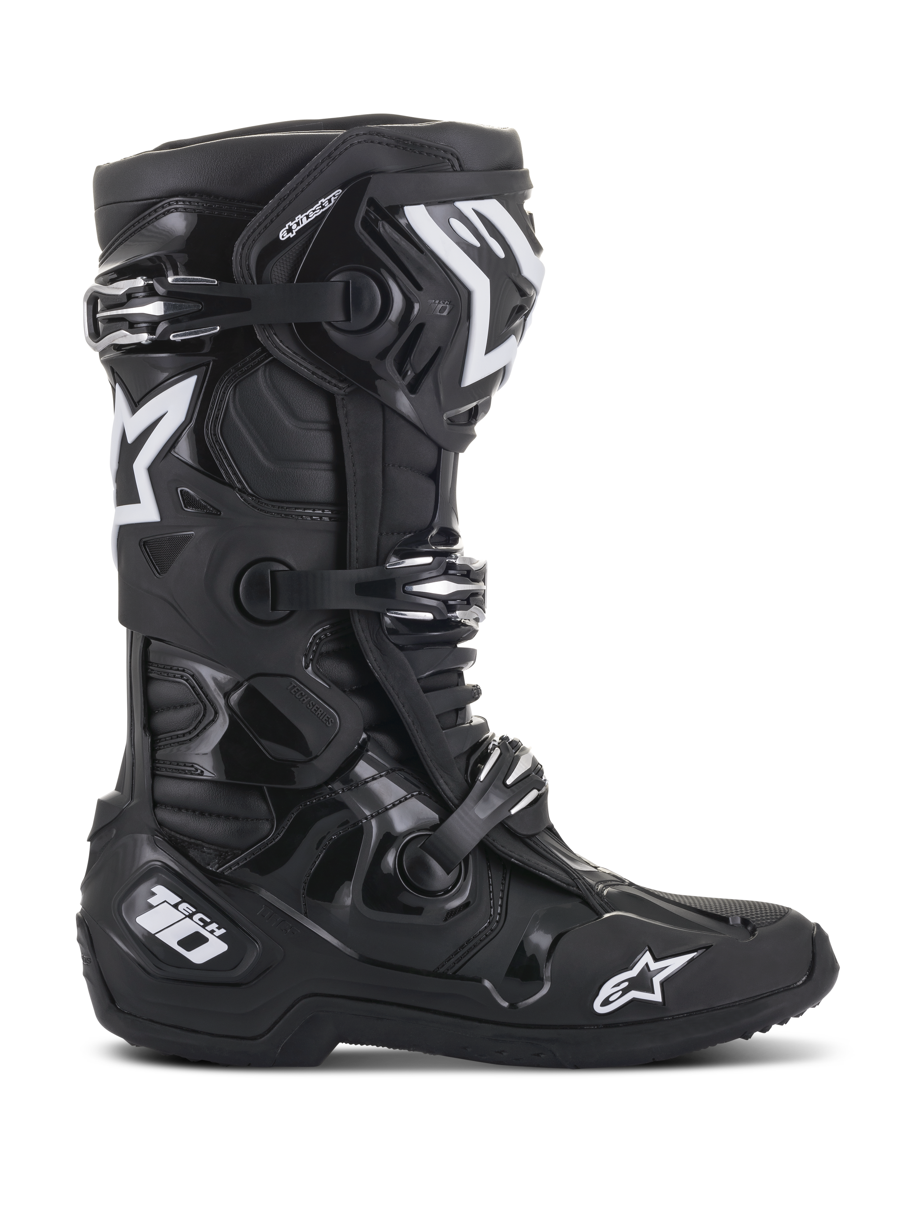 Alpinestars Tech 10 Stiefel, Motocross-Stiefel, Schwarz, Seitenansicht mit weißen Alpinestars Stern-Logos und Tech 10 Branding, Dreifach-Schnallen-Verschlusssystem, robuste TPU-Schale und Mikrofaser-Konstruktion für professionellen Offroad-Rennsport
