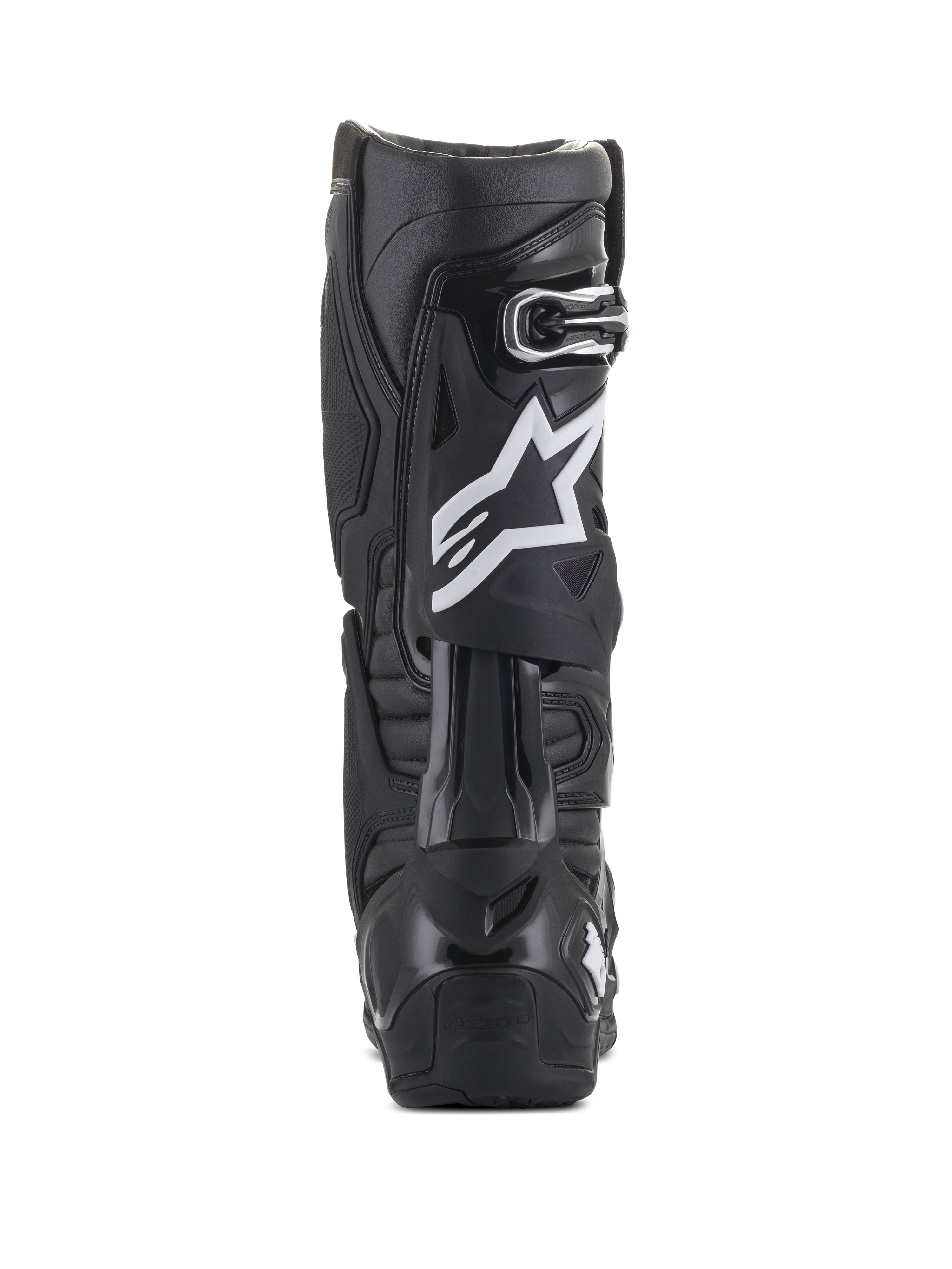 Alpinestars Tech 10 Stiefel, Schwarz, Rückansicht mit weißem Stern-Logo an der Wade, strapazierfähige TPU-Schale und Mikrofaser-Konstruktion, konzipiert für High-Performance-Motocross und Offroad-Einsätze