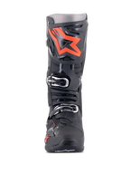 Alpinestars Tech 10 Boots, Motocross Boots, Black and Red Fluo, front view, featuring a large fluorescent red star logo on the shin plate, silver buckles, and a durable black TPU chassis.