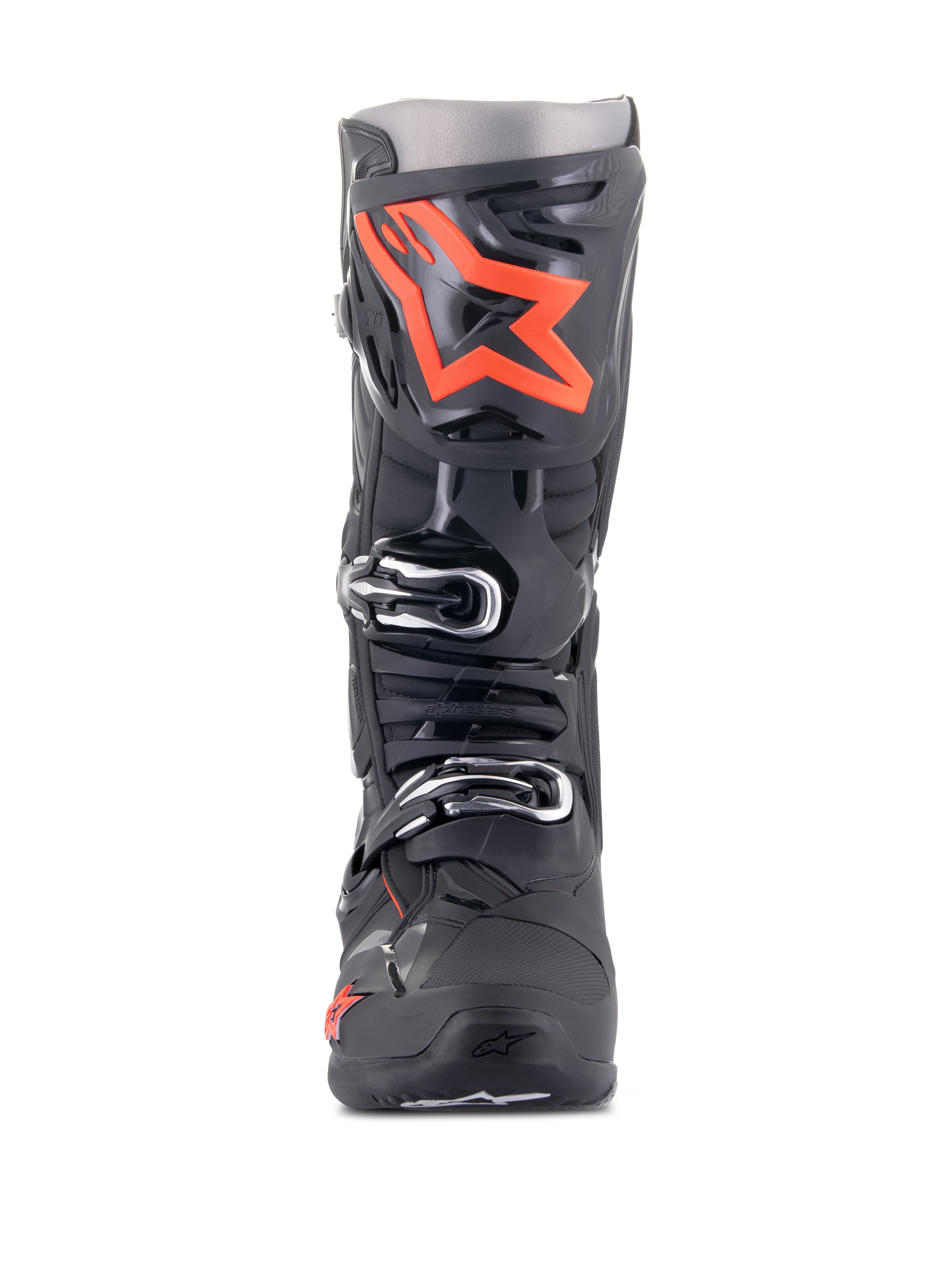 Alpinestars Tech 10 Boots, Motocross Boots, Black and Red Fluo, front view, featuring a large fluorescent red star logo on the shin plate, silver buckles, and a durable black TPU chassis.