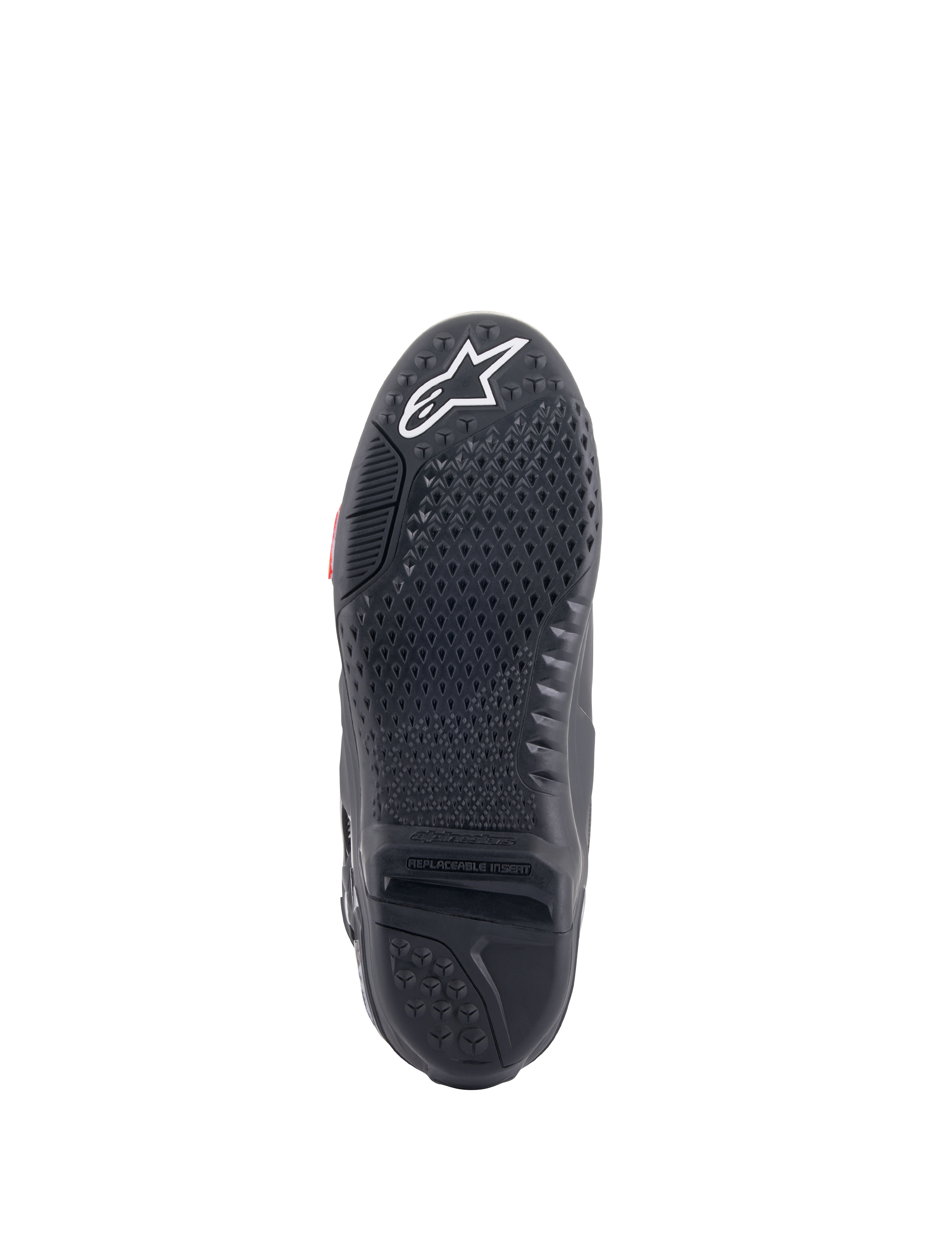Alpinestars Tech 10 Stiefel, Motocross-Stiefel, Schwarz, Unteransicht der Sohle mit strukturiertem Gripprofil, weißem Stern-Logo an der Zehenpartie und einem austauschbaren zentralen Sohleneinsatz für Offroad-Performance.