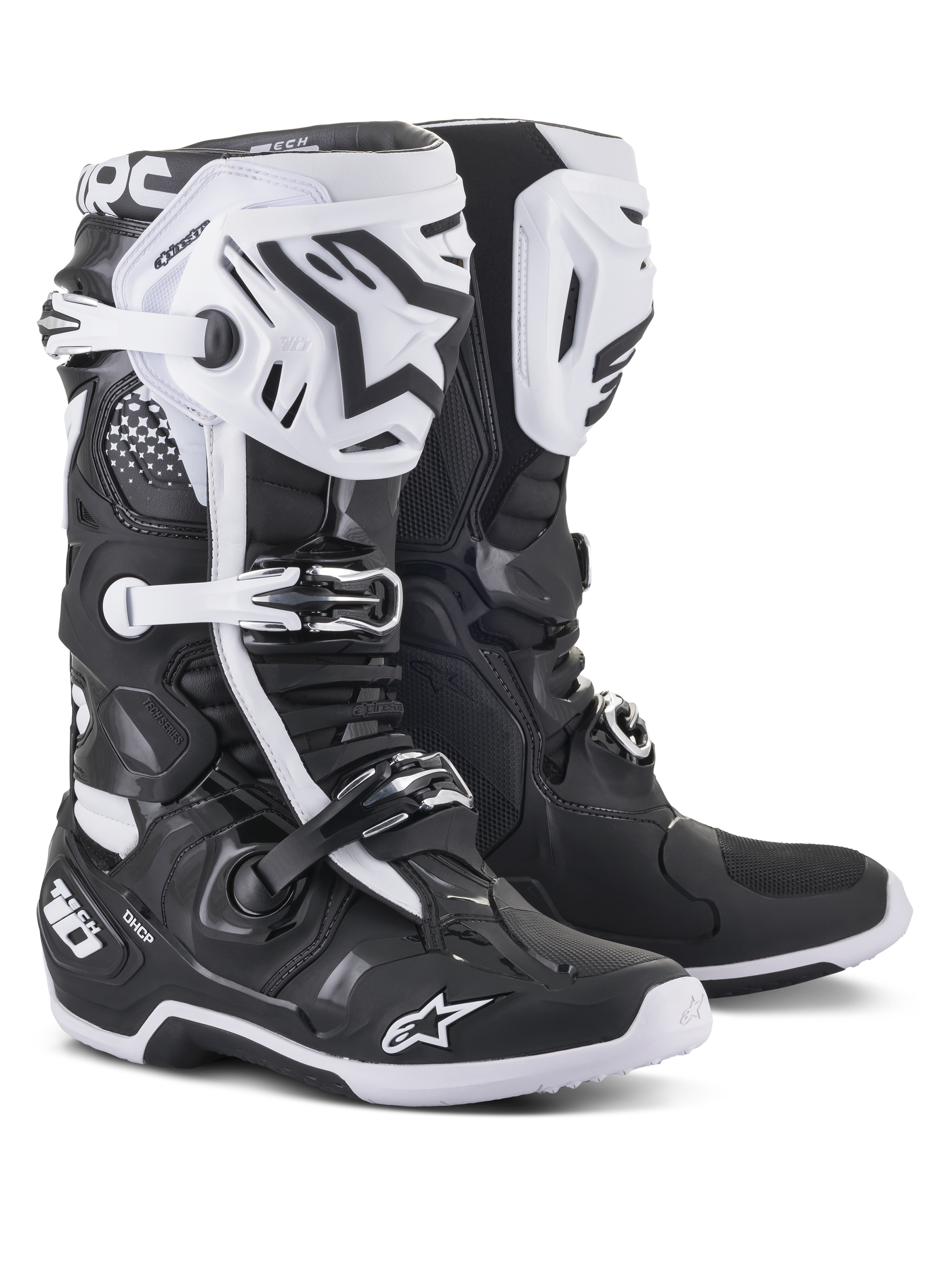 Alpinestars Tech 10 Motocross-Stiefel, Schwarz und Weiß, leistungsstarkes Schutzdesign mit weißen Schienbeinplatten, schwarzen Stern-Logos, verstellbaren Schnallen und DHCP-Fersenschutz, robuste strukturierte Sohlen für Offroad-Rennsport