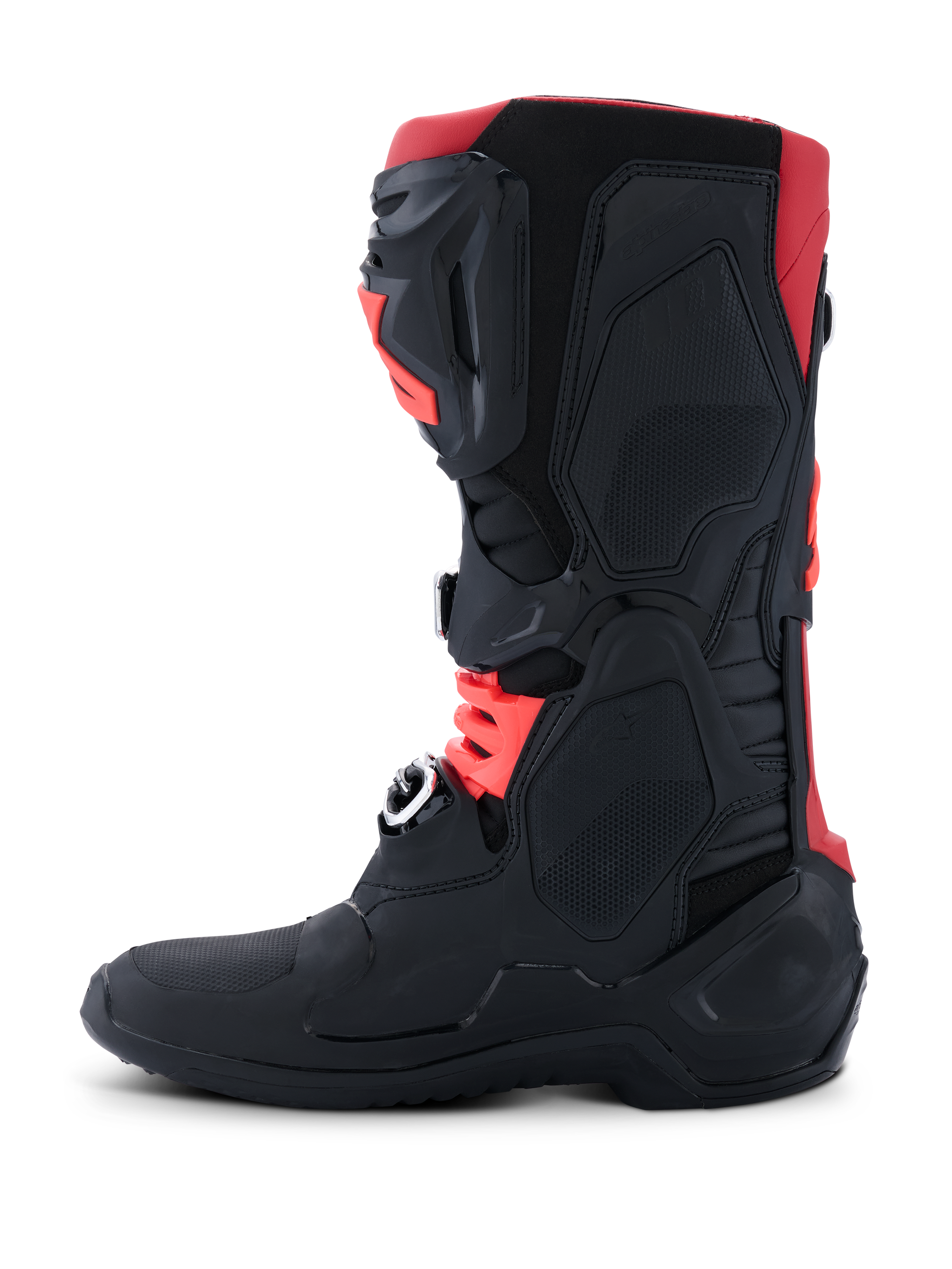 Alpinestars Tech 10 Boots, Motocross Boots, Black and Red, side view showing the protective TPU chassis, cold-forged aluminum buckles, and streamlined off-road design.