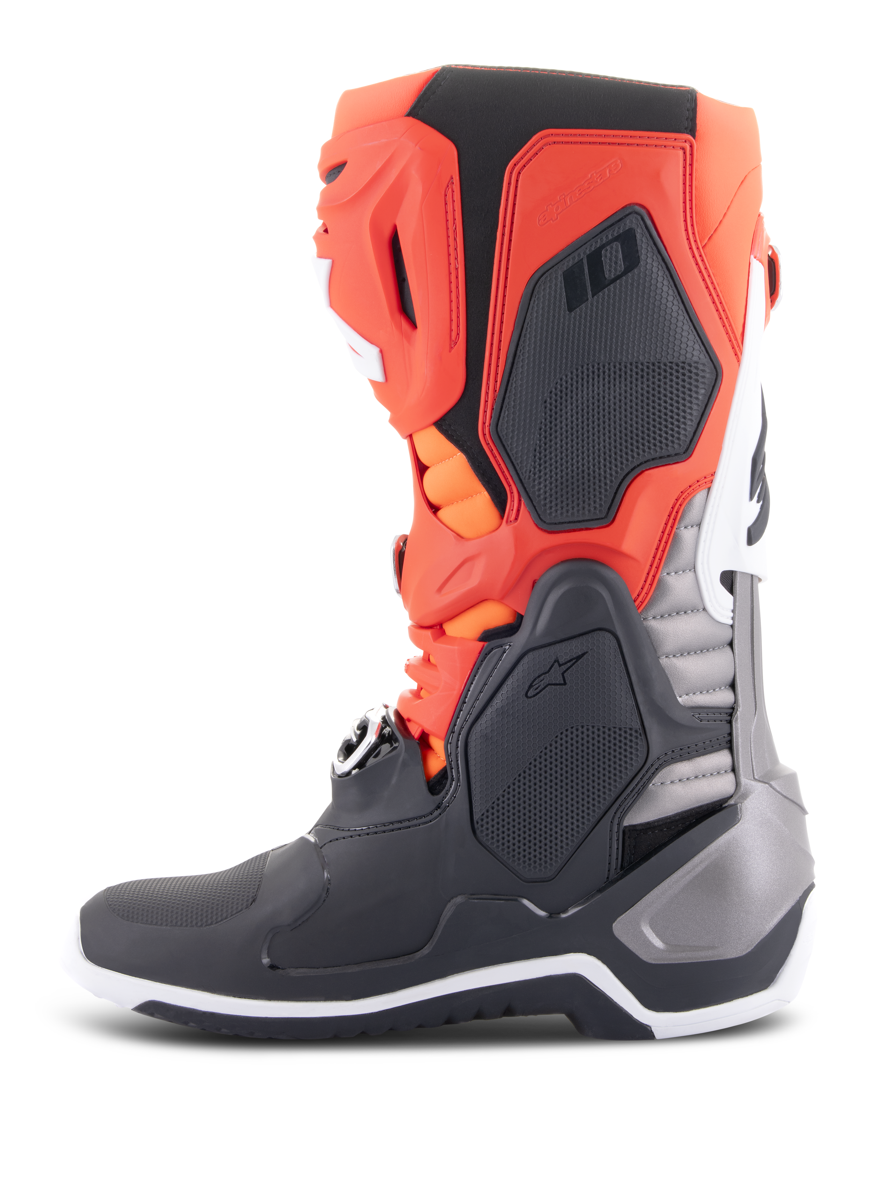 Alpinestars Tech 10 Boots, Motocross Boots, Black Red Fluo and Orange Fluo with White accents, side view showcasing the advanced TPU chassis, buckle system, and ergonomic design for off-road performance.