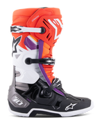 Alpinestars Tech 10 Boots, Motocross Boots, Black, Fluo Orange, White and Purple accents, featuring a triple-buckle closure system, star logos on the shin and toe, and DHCP heel protection, profile view of off-road racing footwear.