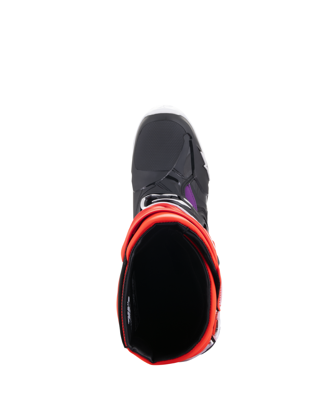 Alpinestars Tech 10 Boots, Motocross Boots, Black Red Fluo Orange Fluo and White, top-down view showing the interior opening and toe box, protective off-road footwear
