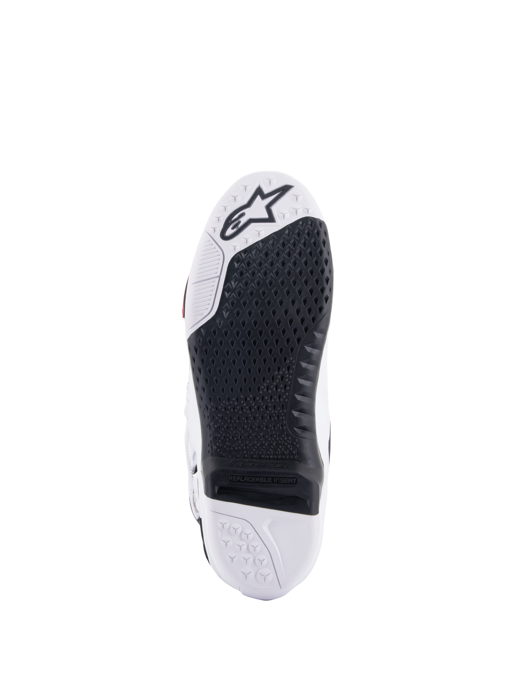 Alpinestars Tech 10 Boots, Motocross Boots, Bottom view showing the black replaceable central insert and white sole, textured grip pattern, Alpinestars star logo on the toe area, durable off-road footwear