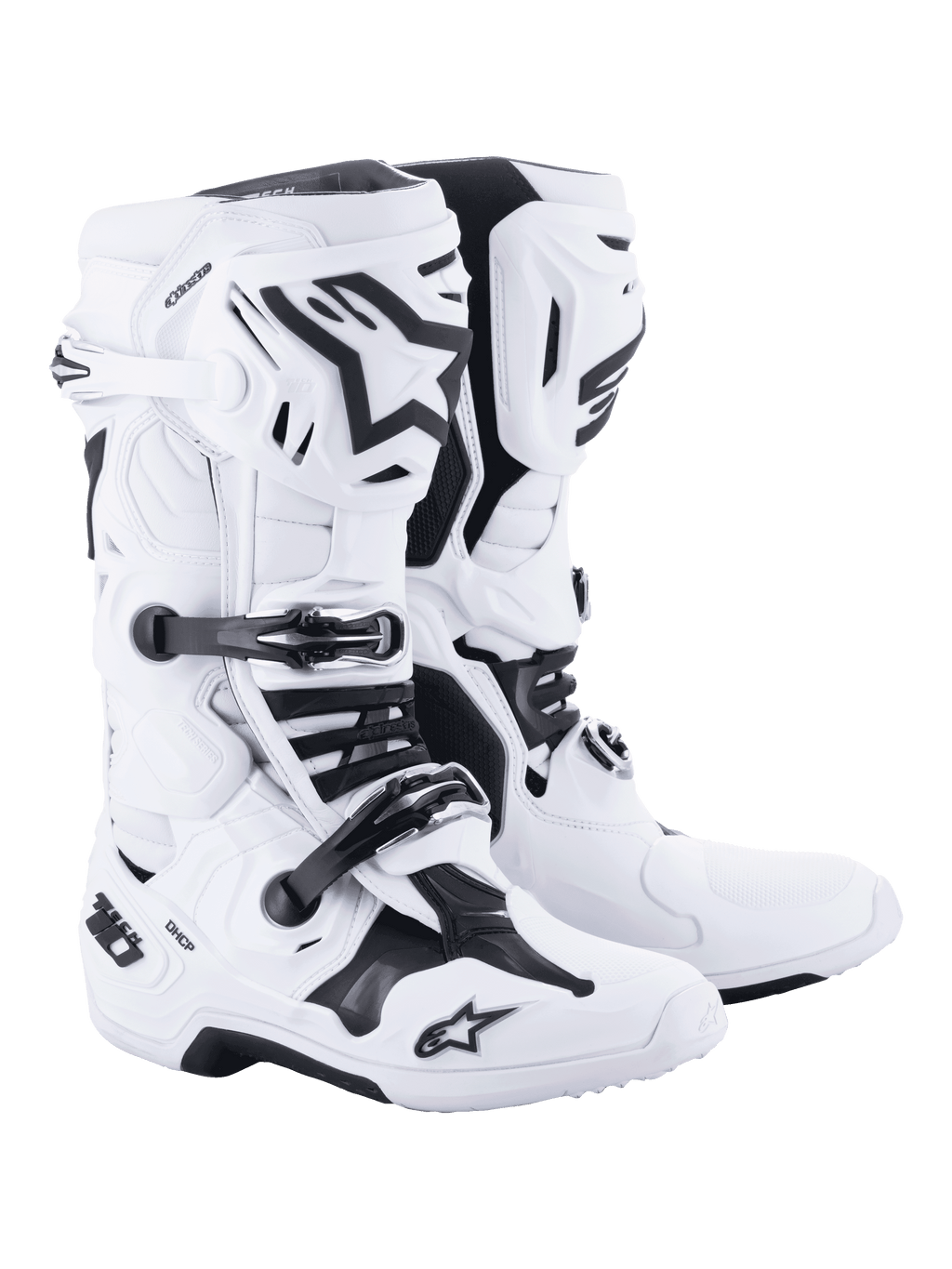 Alpinestars Tech 10 Motocross-Stiefel, Weiß mit schwarzen Akzenten, robustes, hochgeschnittenes Design mit dreifachem Schnallen-Verschlusssystem, TPU-Schalenschutz und fortschrittlicher Flexionskontrolle, professionelles Offroad-Rennschuhwerk