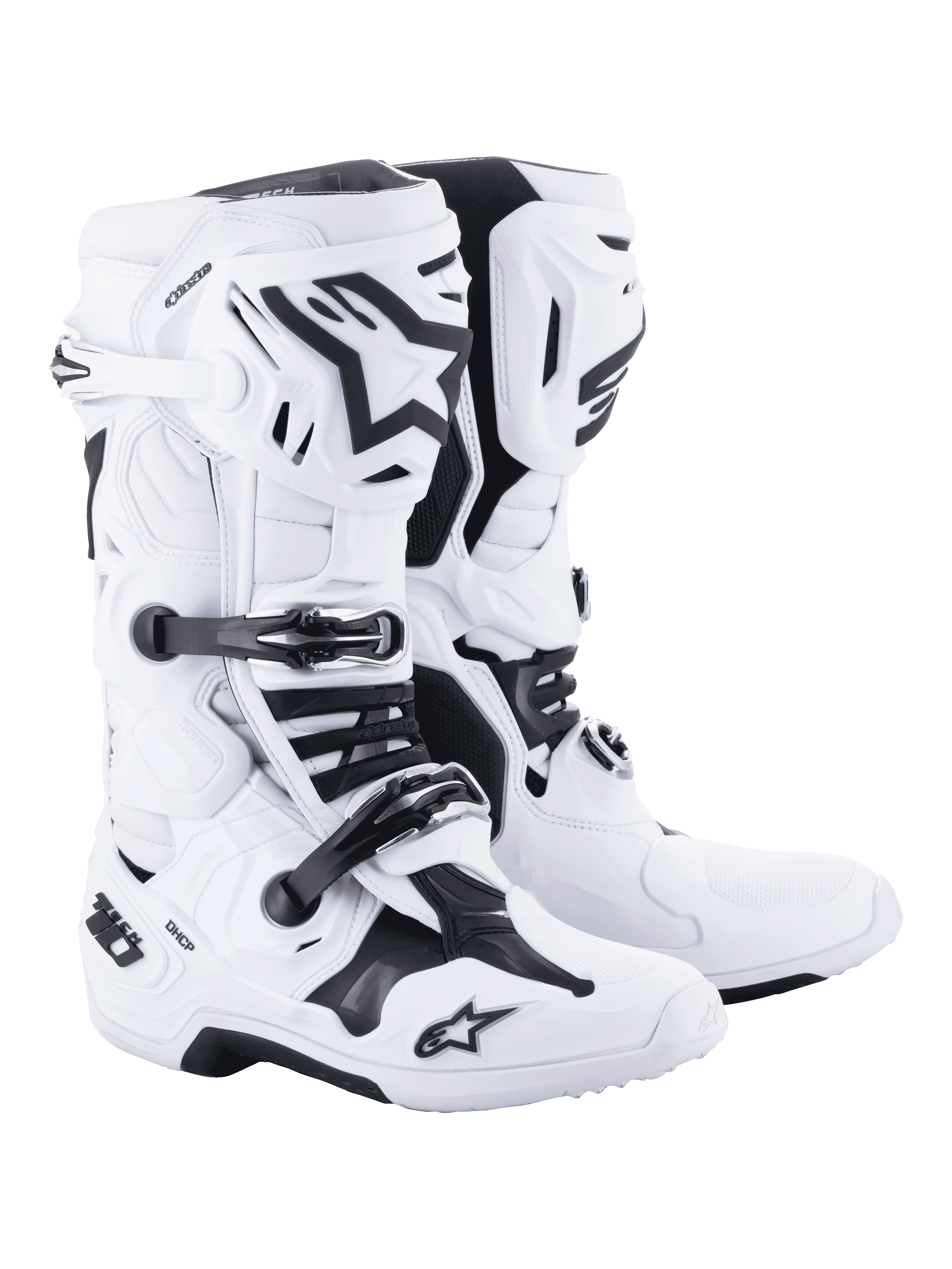 Alpinestars Tech 10 Motocross-Stiefel, Weiß mit schwarzen Akzenten, robustes, hochgeschnittenes Design mit dreifachem Schnallen-Verschlusssystem, TPU-Schalenschutz und fortschrittlicher Flexionskontrolle, professionelles Offroad-Rennschuhwerk