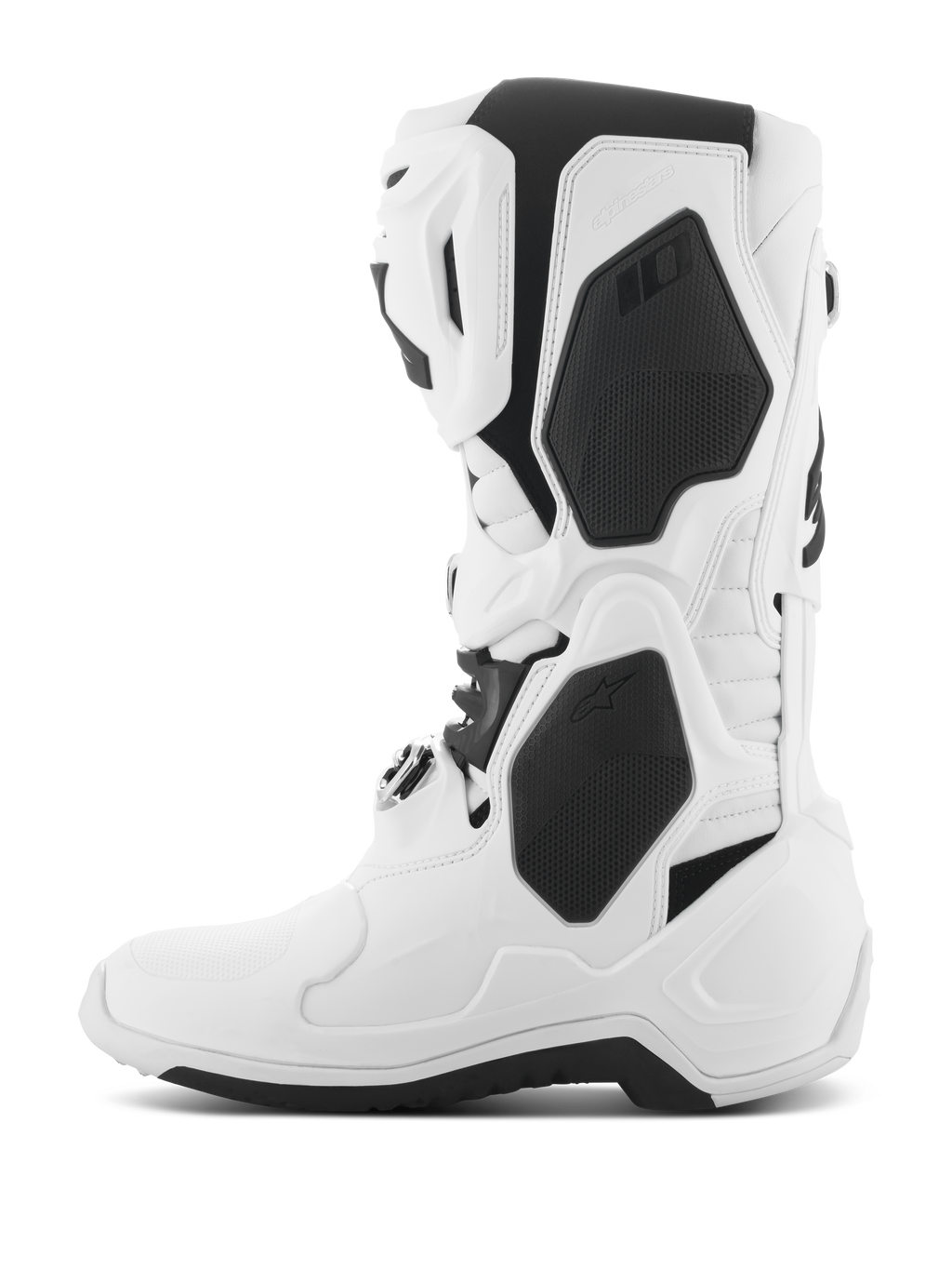 Alpinestars Tech 10 Stiefel, Motocross-Stiefel, Weiß mit schwarzen Akzenten, Seitenprofilansicht mit schützenden TPU-Schalen, Schnallenverschlusssystem und leistungsstarkem, stromlinienförmigem Design für den Offroad-Rennsport