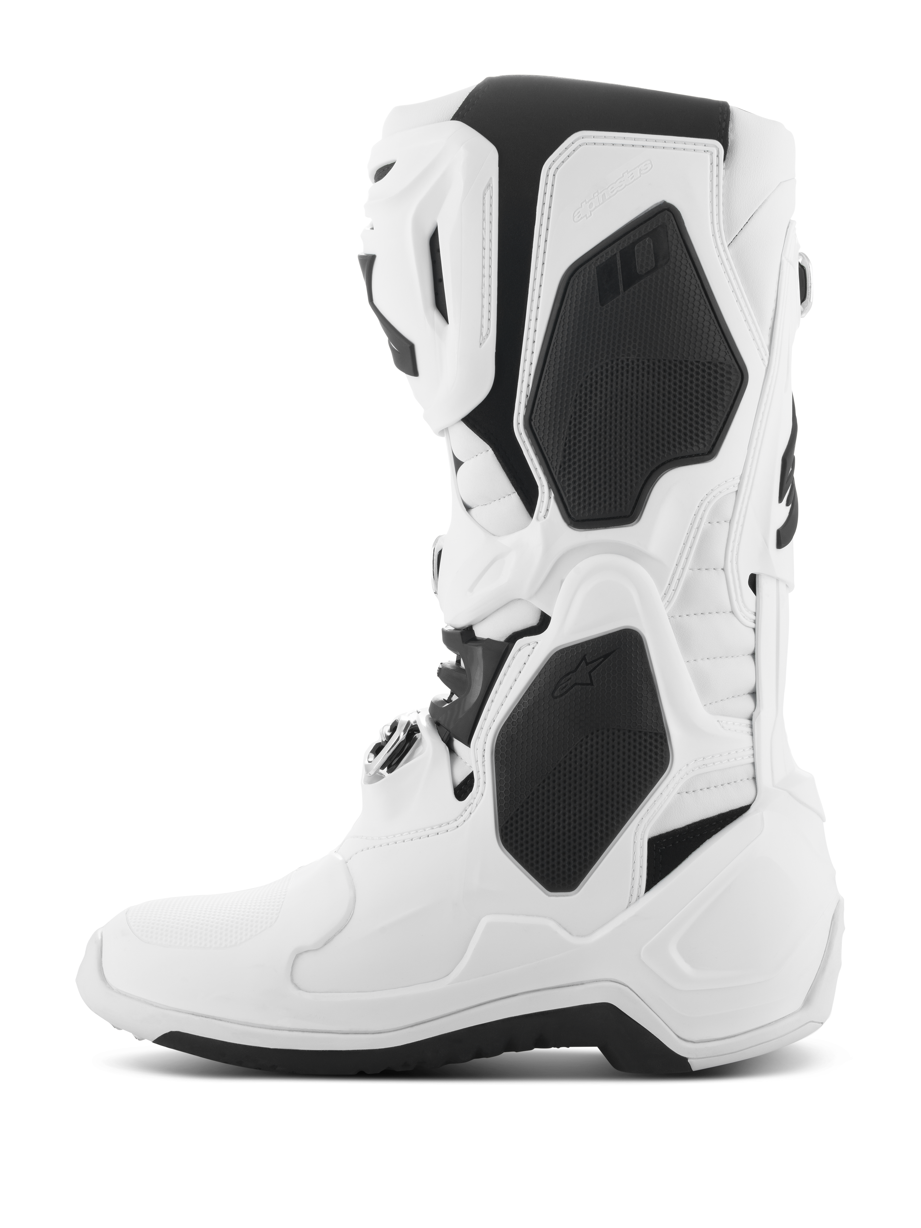 Alpinestars Tech 10 Stiefel, Motocross-Stiefel, Weiß mit schwarzen Akzenten, Seitenprofilansicht mit schützenden TPU-Schalen, Schnallenverschlusssystem und leistungsstarkem, stromlinienförmigem Design für den Offroad-Rennsport