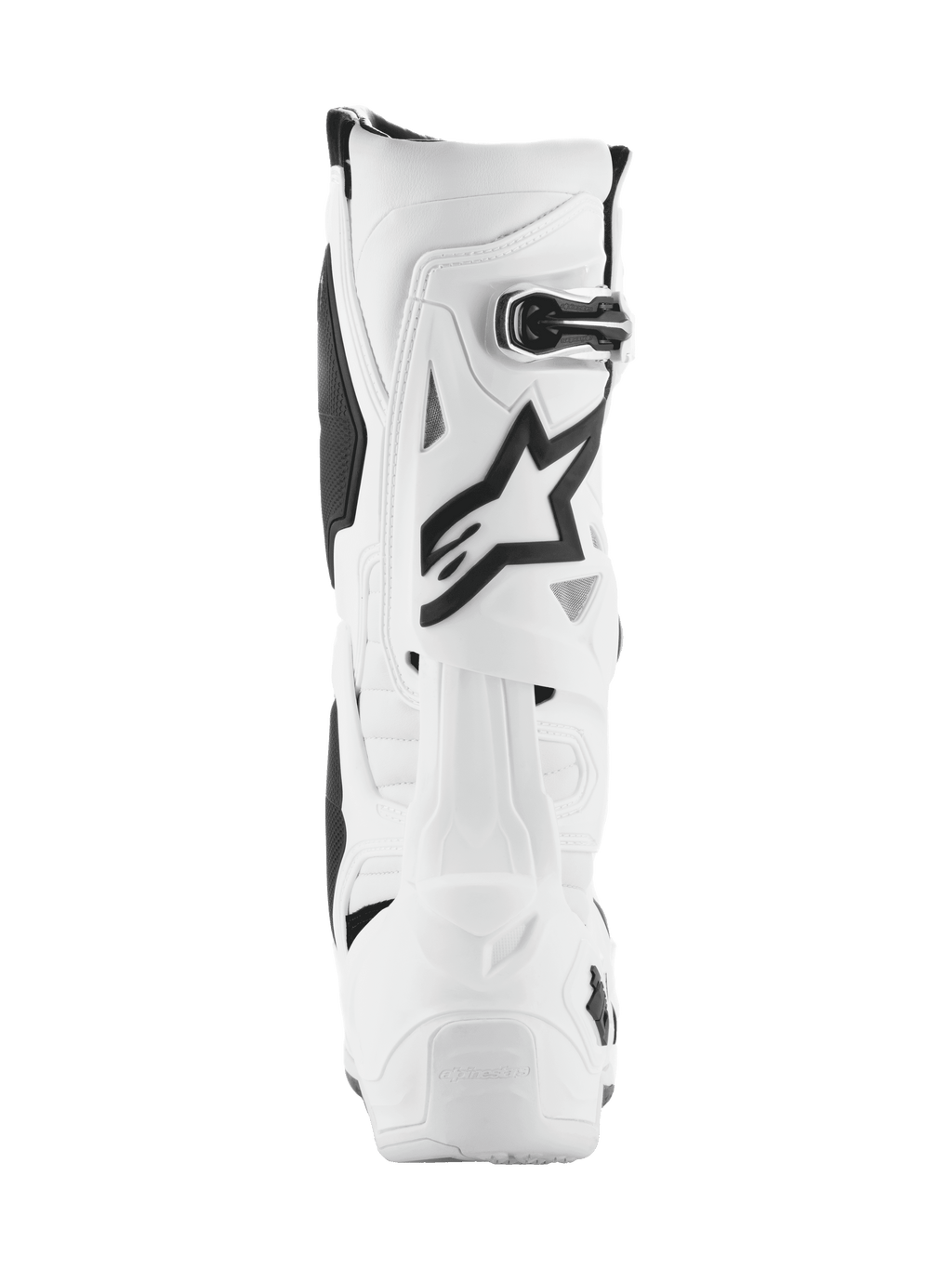 Alpinestars Tech 10 Stiefel, Motocross-Stiefel, Weiß mit schwarzen Akzenten, Rückansicht mit schwarzem Astar-Logo und Schnallenverschluss, fortschrittliches Schutzdesign für den Offroad-Rennsport