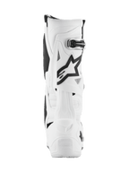 Alpinestars Tech 10 Stiefel, Motocross-Stiefel, Weiß mit schwarzen Akzenten, Rückansicht mit schwarzem Astar-Logo und Schnallenverschluss, fortschrittliches Schutzdesign für den Offroad-Rennsport