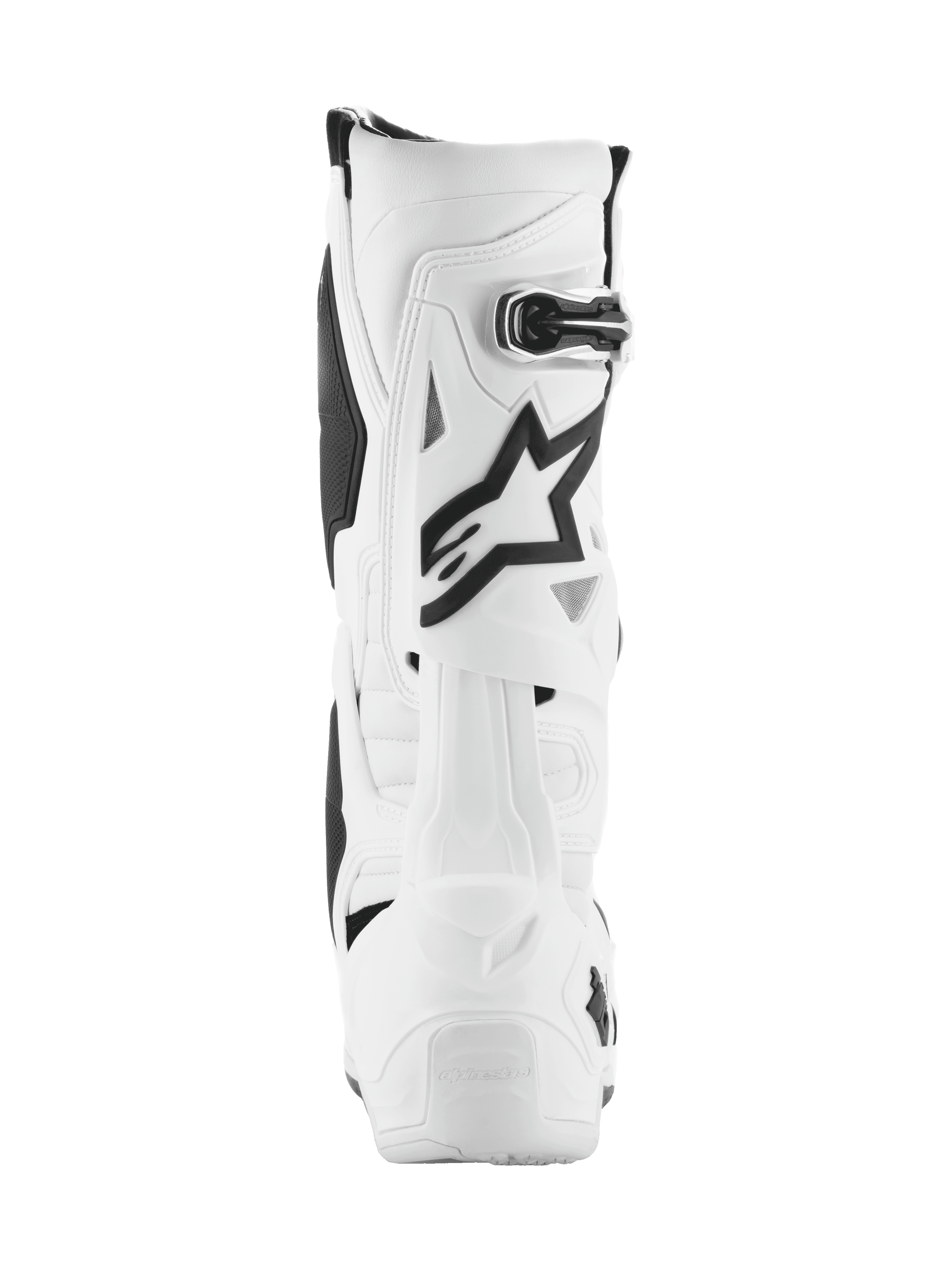 Alpinestars Tech 10 Stiefel, Motocross-Stiefel, Weiß mit schwarzen Akzenten, Rückansicht mit schwarzem Astar-Logo und Schnallenverschluss, fortschrittliches Schutzdesign für den Offroad-Rennsport