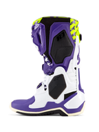 Alpinestars Tech 10 Dirt Studios® LE Boots, Motocross Boots, White Purple and Yellow Fluo, side view showing a white and purple TPU chassis, yellow fluo top with star graphics, black honeycomb textured panels, and professional-grade off-road racing design.