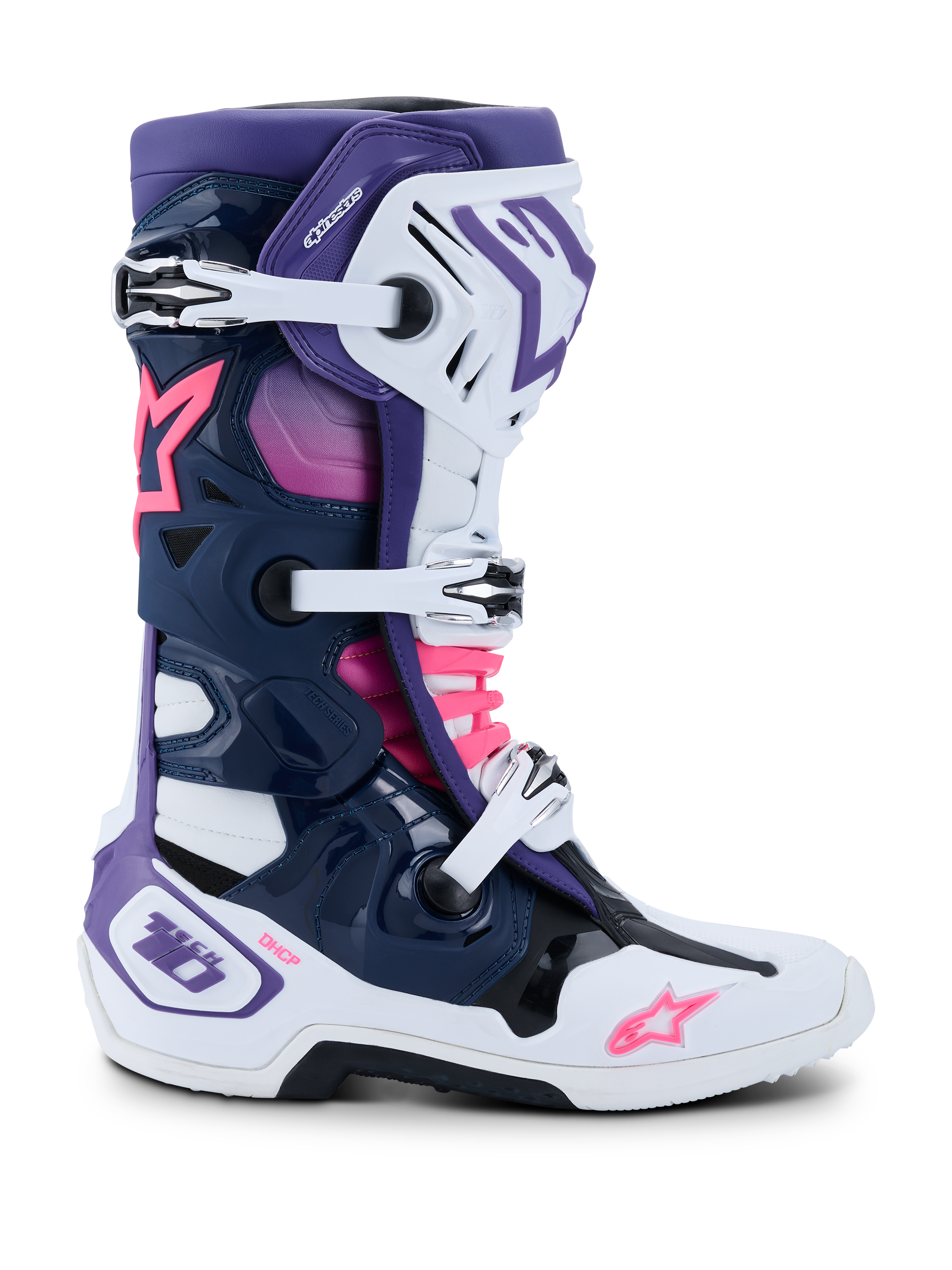 Alpinestars Tech 10 Stiefel, Motocross-Stiefel, Weiß, Violett, Marineblau und Pink Fluo, Seitenansicht mit Dreifach-Schnallenverschluss, schützendes TPU-Chassis, Alpinestars Stern-Logos und DHCP-Branding, Hochleistungs-Fußbekleidung für den Offroad-Rennsport