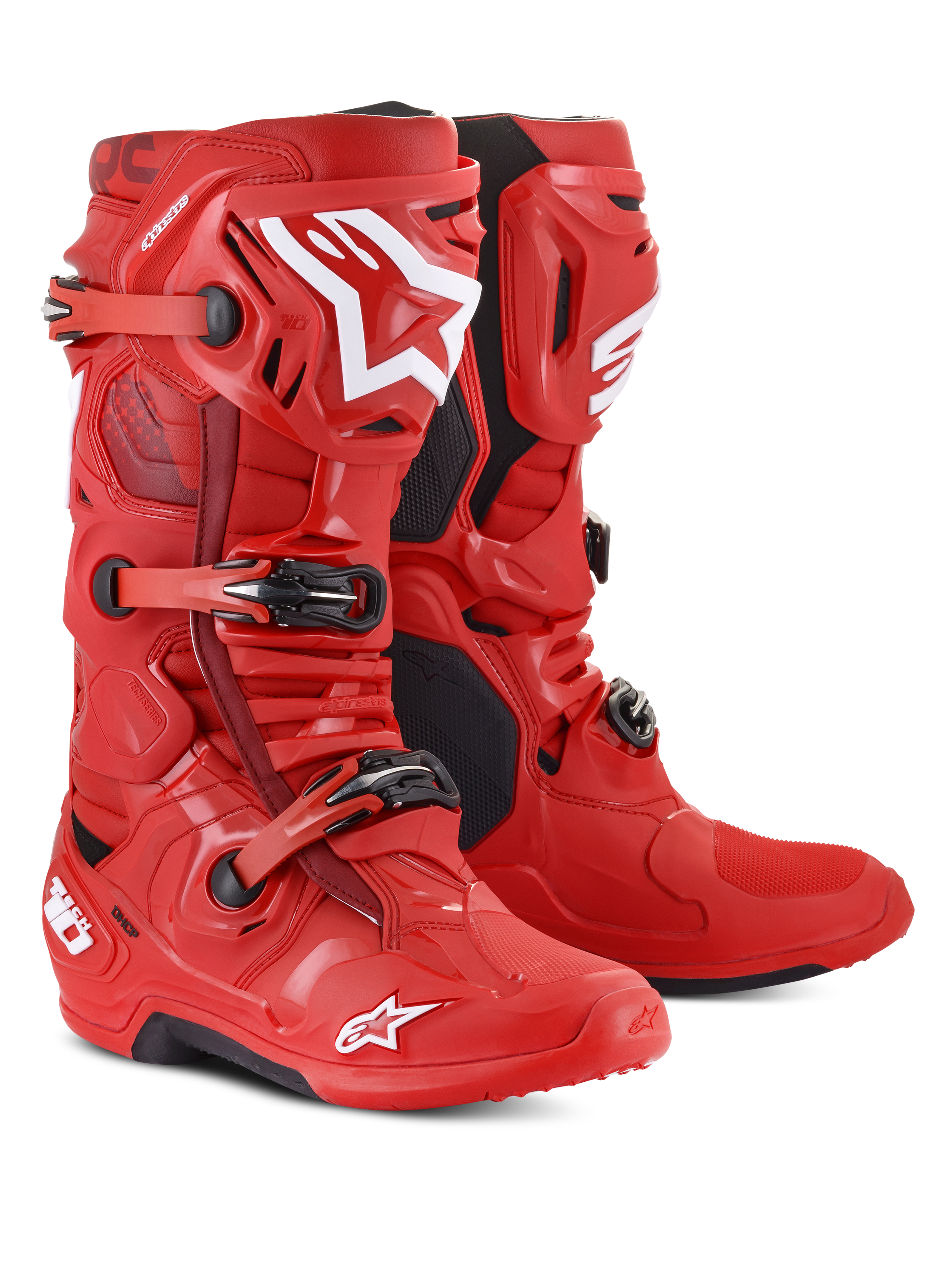 Alpinestars Tech 10 Stiefel, Motocross-Stiefel, Rot mit weißen Logos, mit Dreifach-Schnallen-Verschlusssystem und schwarzen Sohlen, strapazierfähiges Schuhwerk für den Offroad-Rennsport