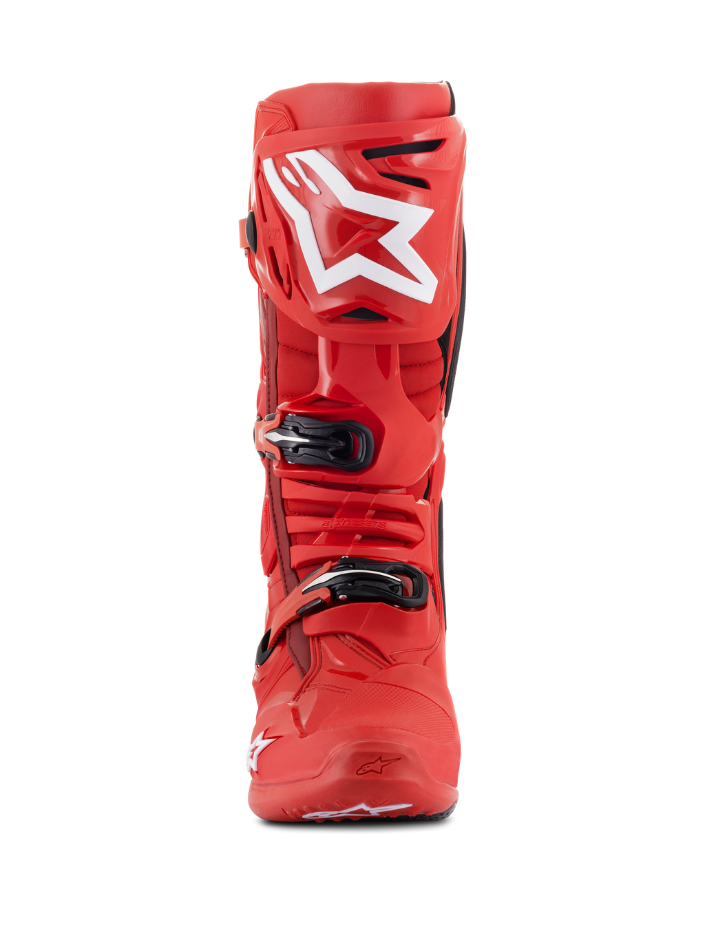Alpinestars Tech 10 Stiefel, Motocross-Stiefel, Rot, Vorderansicht mit großem weißem Alpinestars-Logo auf der Schienbeinplatte, schwarze Schnallenverschlüsse, strapazierfähige TPU-Schale für Offroad-Rennsport-Performance