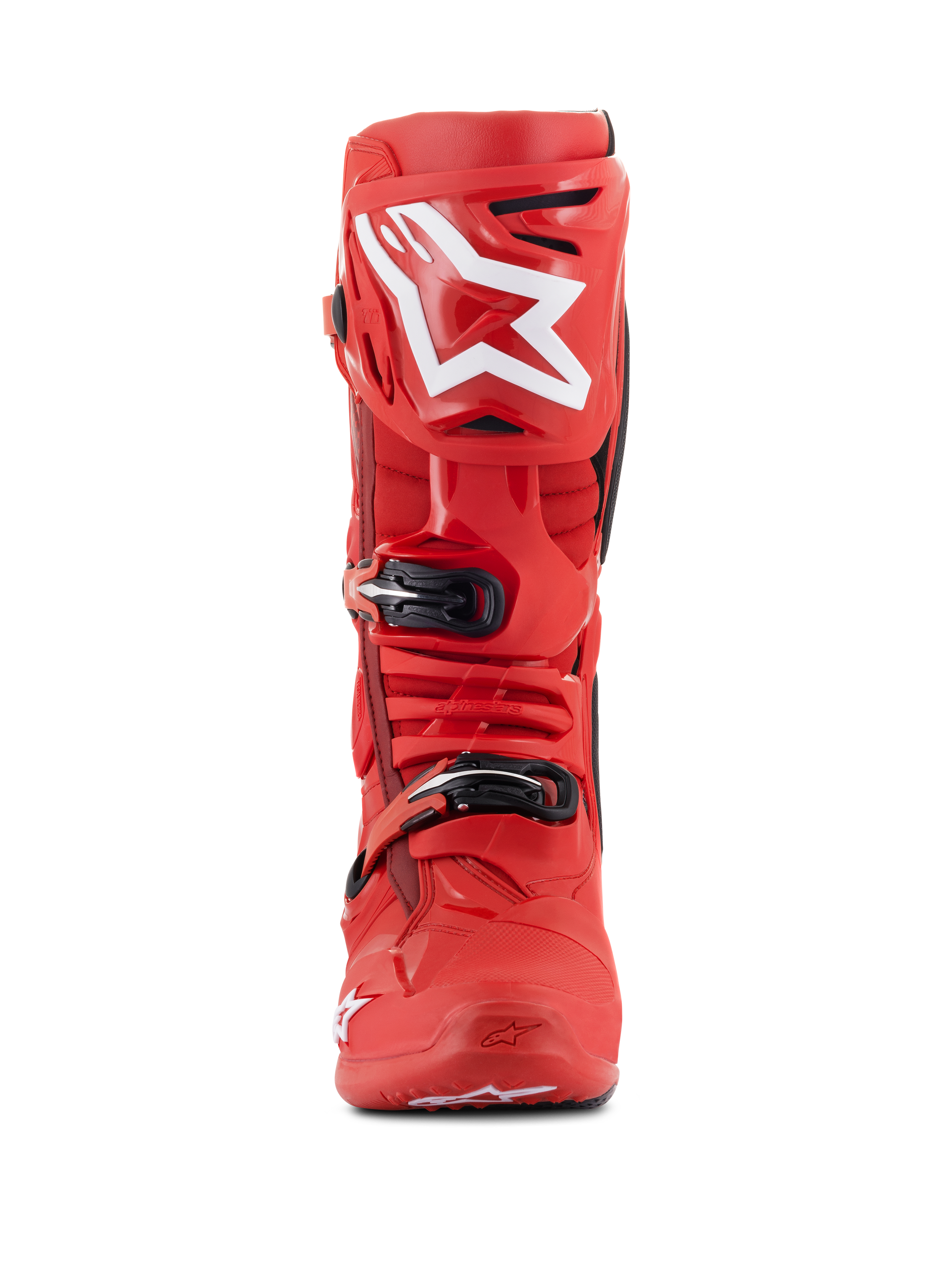 Alpinestars Tech 10 Stiefel, Motocross-Stiefel, Rot, Vorderansicht mit großem weißem Alpinestars-Logo auf der Schienbeinplatte, schwarze Schnallenverschlüsse, strapazierfähige TPU-Schale für Offroad-Rennsport-Performance