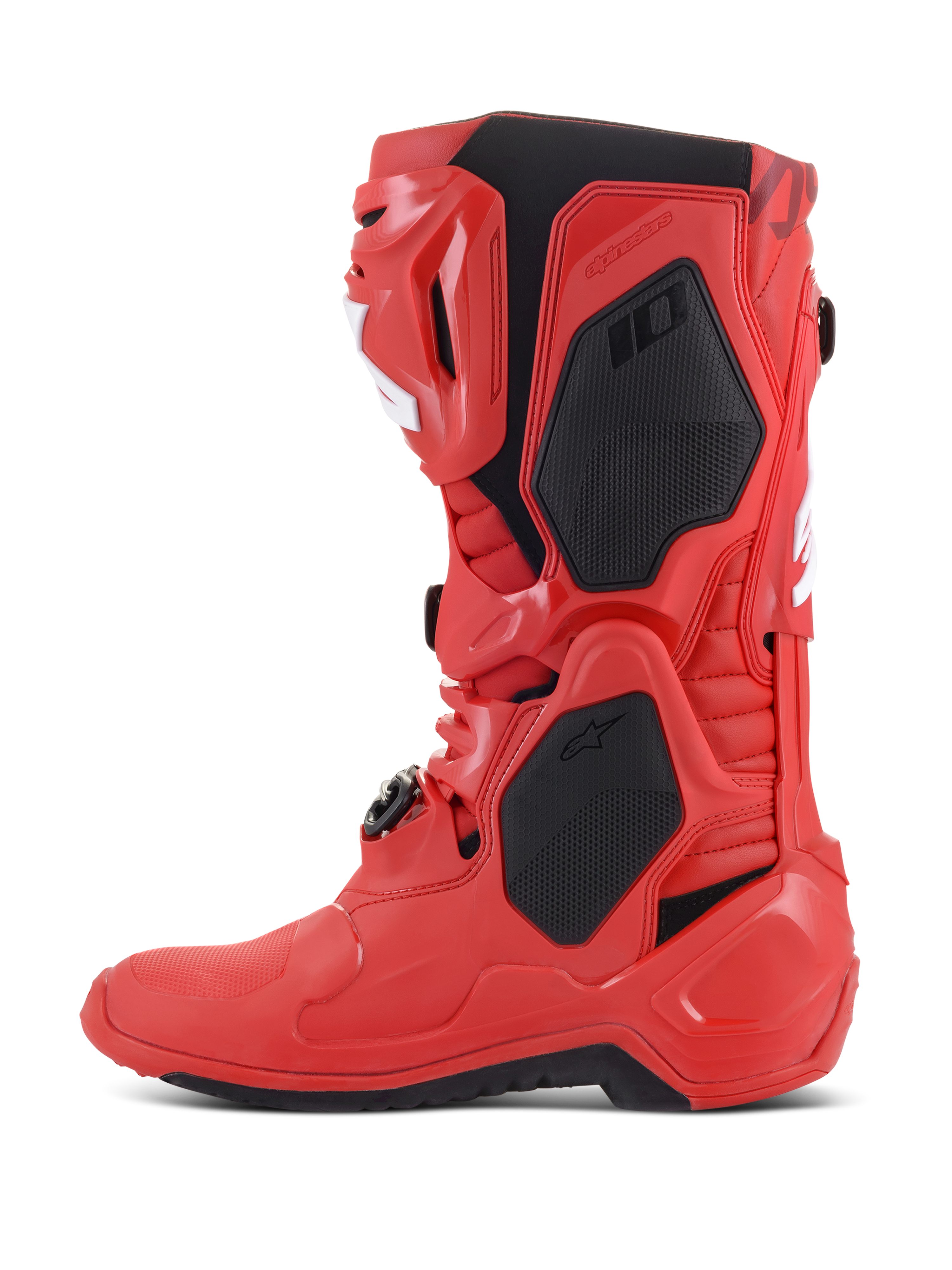 Alpinestars Tech 10 Stiefel, Motocross-Stiefel, Strahlendes Rot, Seitenprofil mit schwarzen Schutzpaneelen und weißen Akzenten, professionelles Offroad-Rennsport-Schuhwerk mit TPU-Schale und Schnallensystem