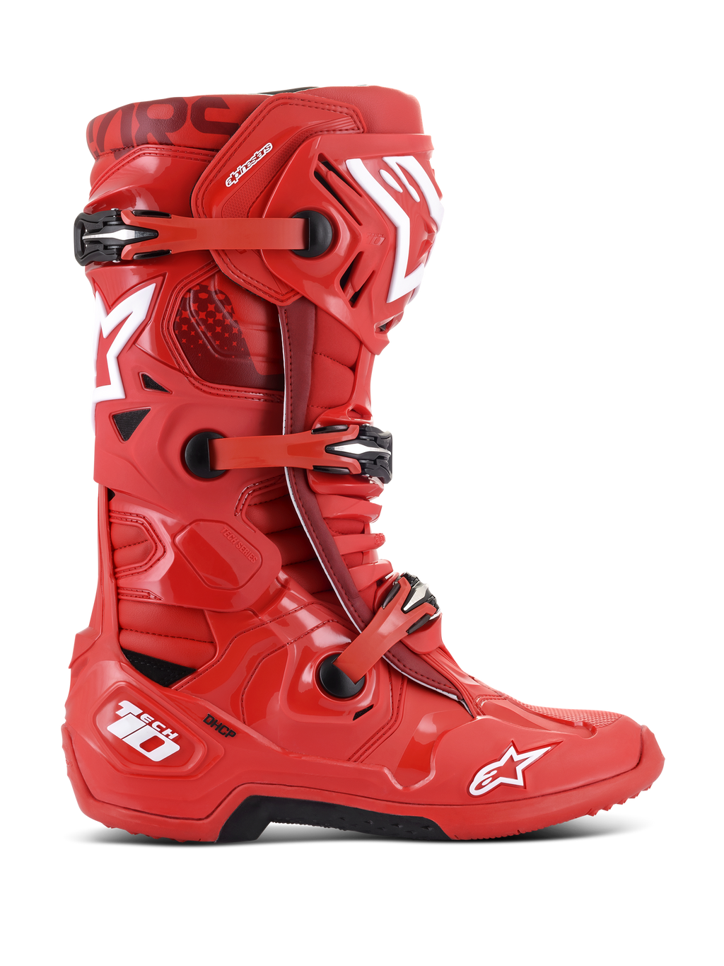 Alpinestars Tech 10 Stiefel, Motocross-Rennstiefel, Rot mit weißen und schwarzen Akzenten, Seitenansicht mit Dreifach-Schnallen-Verschlusssystem, verstärkte TPU-Schale, weiße Stern-Logos und DHCP-Technologie-Branding