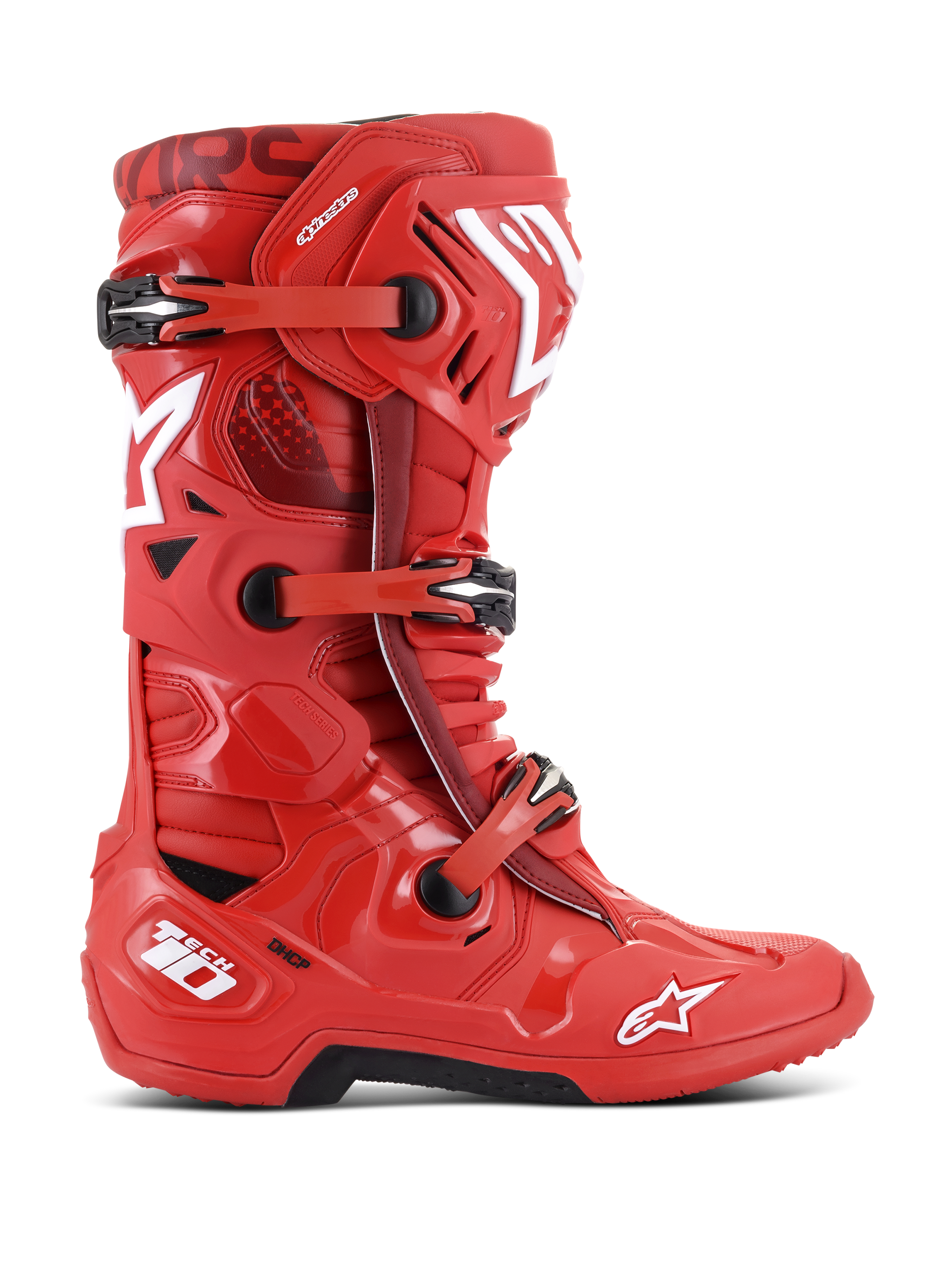 Alpinestars Tech 10 Stiefel, Motocross-Rennstiefel, Rot mit weißen und schwarzen Akzenten, Seitenansicht mit Dreifach-Schnallen-Verschlusssystem, verstärkte TPU-Schale, weiße Stern-Logos und DHCP-Technologie-Branding