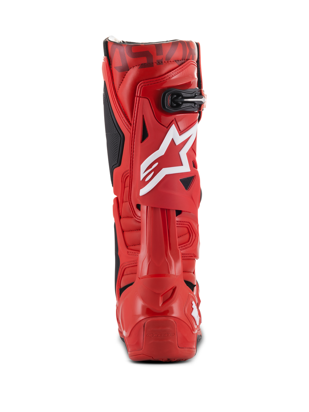 Alpinestars Tech 10 Stiefel, Motocross-Stiefel, Rot, Rückansicht mit weißem Stern-Logo an der Wade, schwarzer Schnalle oben und strapazierfähiger roter TPU-Schale für Offroad-Performance.