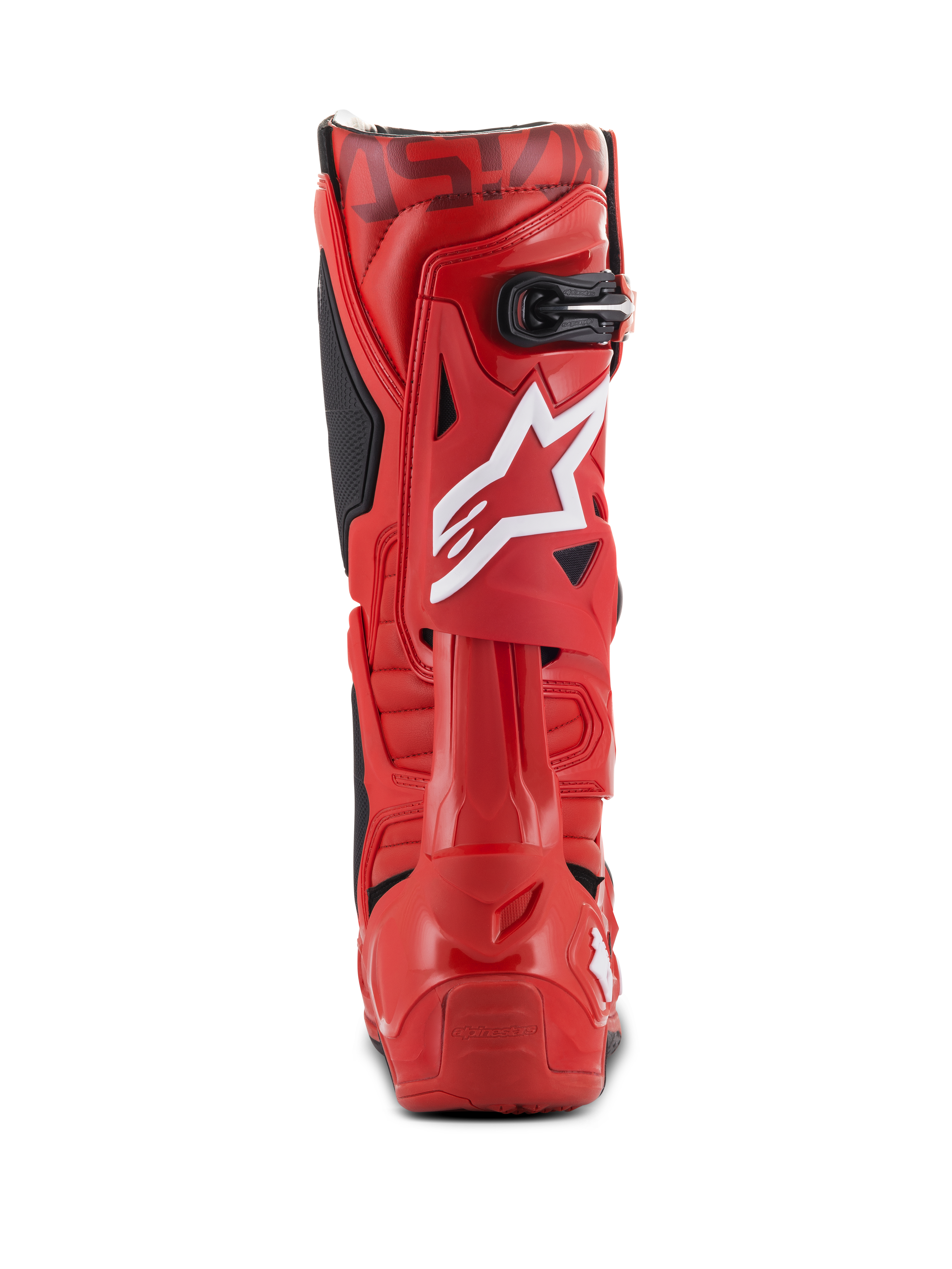 Alpinestars Tech 10 Stiefel, Motocross-Stiefel, Rot, Rückansicht mit weißem Stern-Logo an der Wade, schwarzer Schnalle oben und strapazierfähiger roter TPU-Schale für Offroad-Performance.