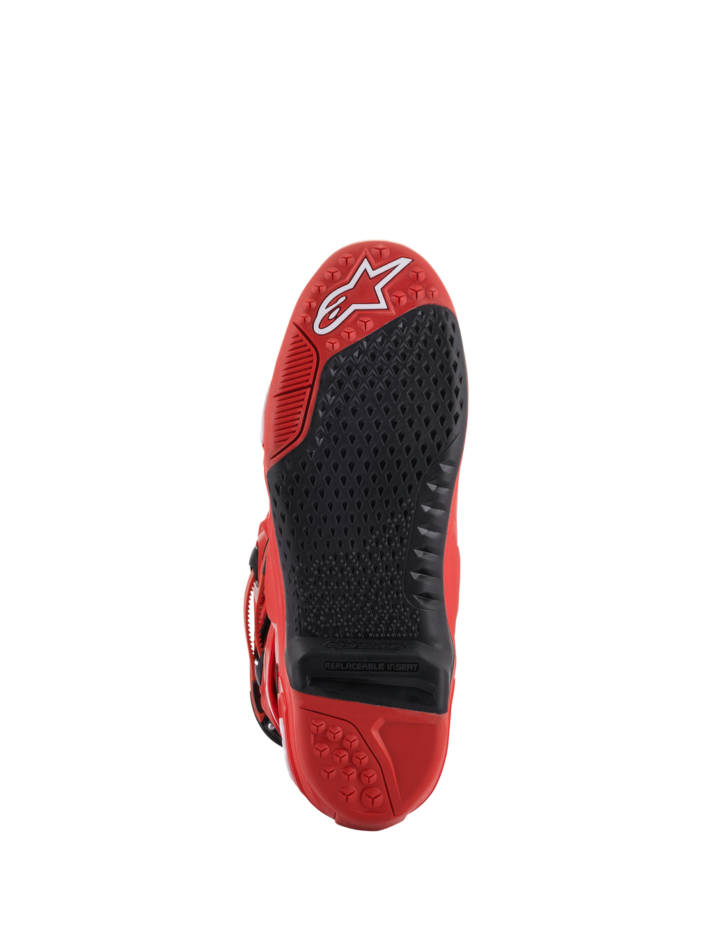 Alpinestars Tech 10 Stiefel, Rot, Sohlenansicht, mit schwarzem, austauschbarem zentralem Einsatz mit Mikro-Grip-Struktur, weißem Alpinestars-Logo im Zehenbereich, strapazierfähige Gummikonstruktion für Motocross-Rennen